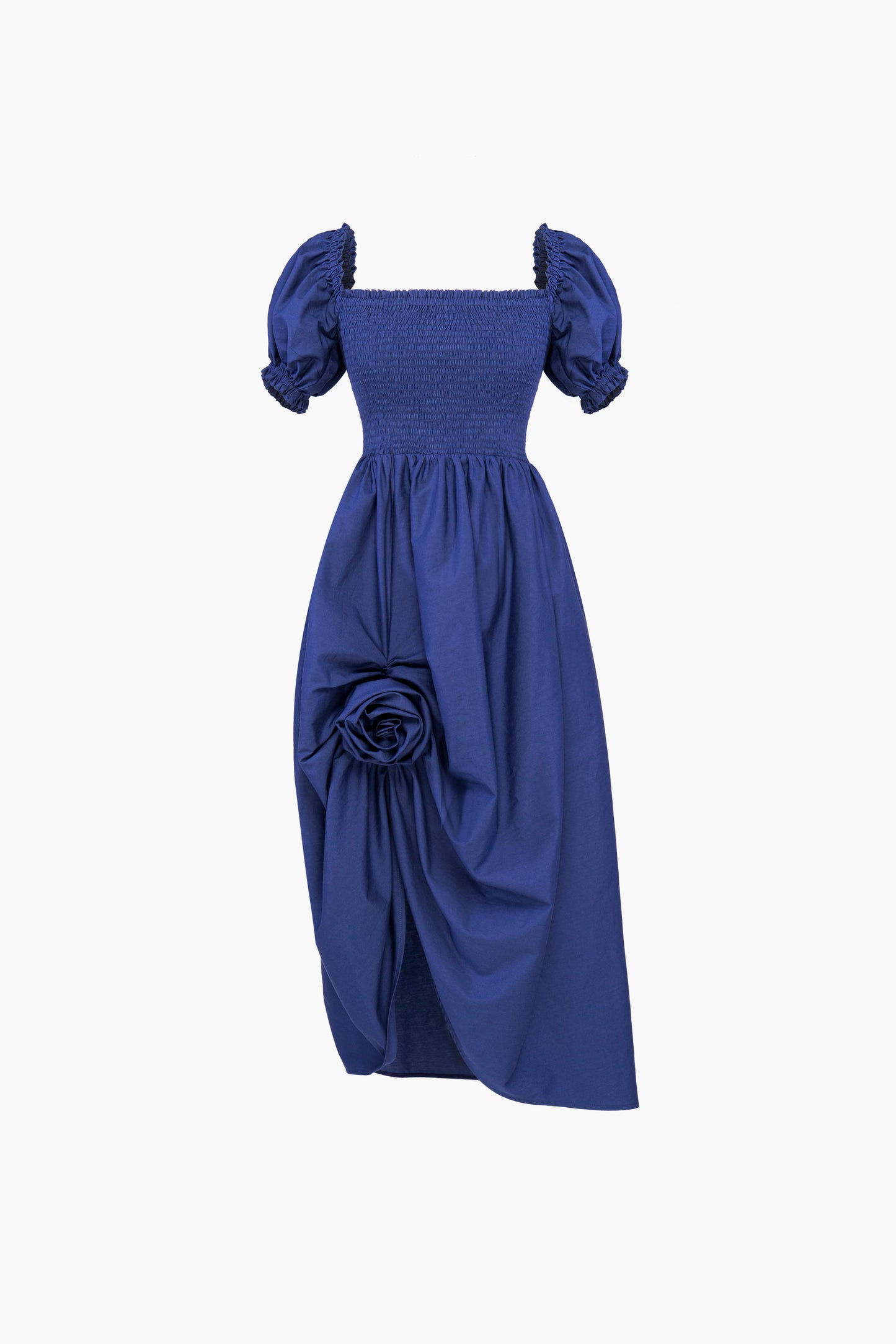 Belle Cotton Dress with Rose Detail in Navy