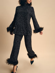 Black Tie Pajama with Detachable Feathers in Black and White Polka Dot