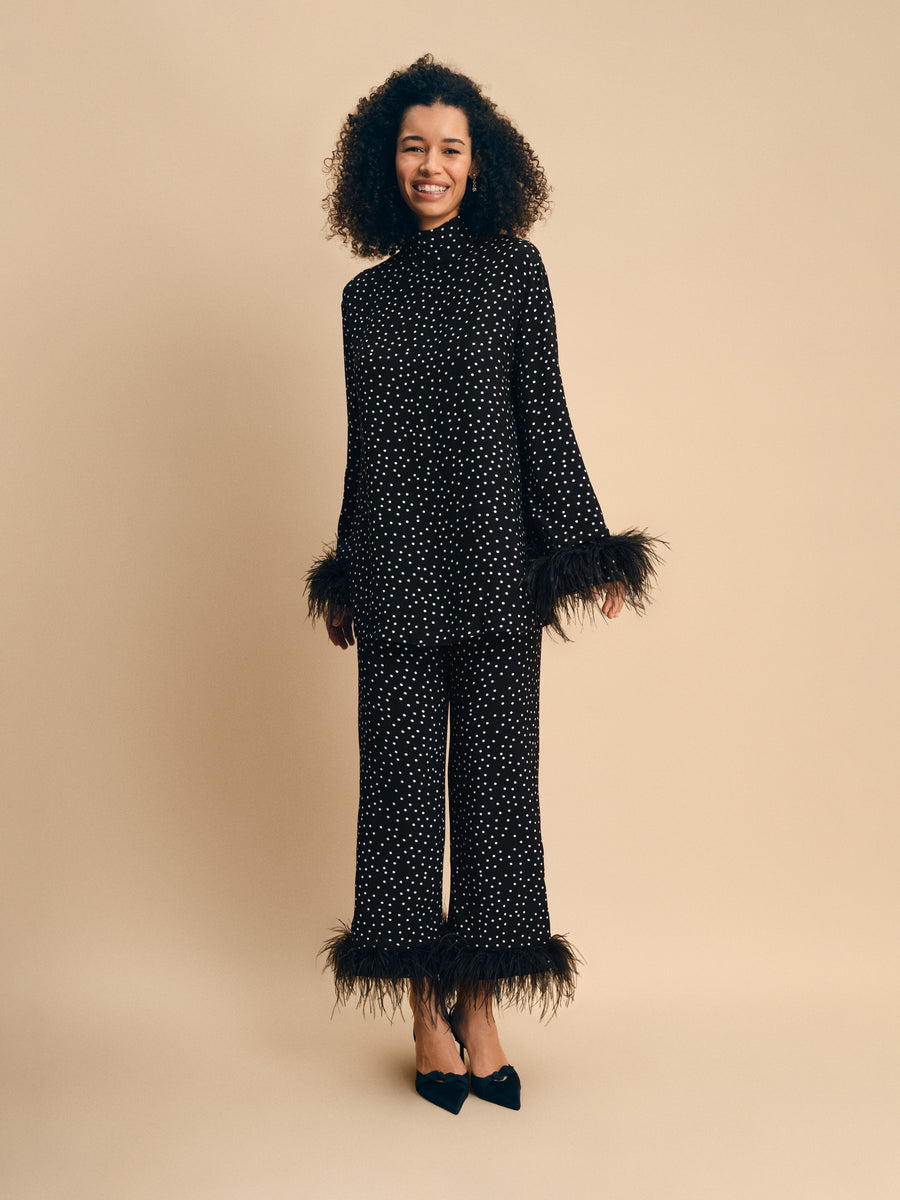 Black Tie Pajama with Detachable Feathers in Black and White Polka Dot