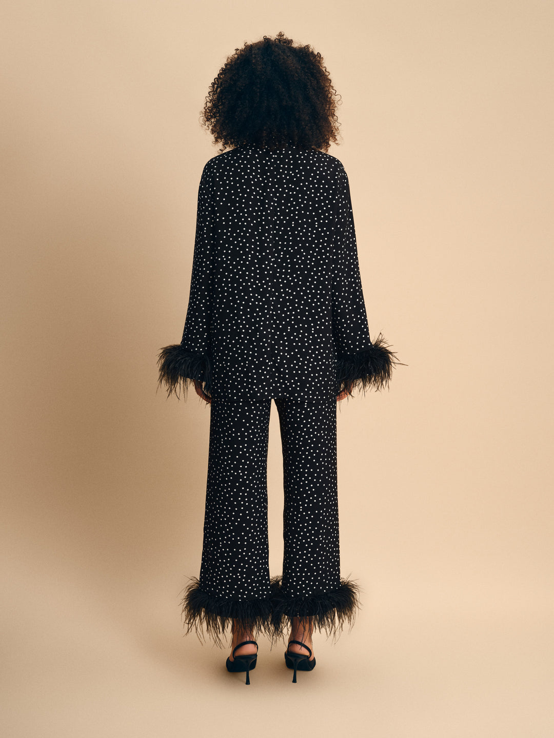Black Tie Pajama with Detachable Feathers in Black and White Polka Dot