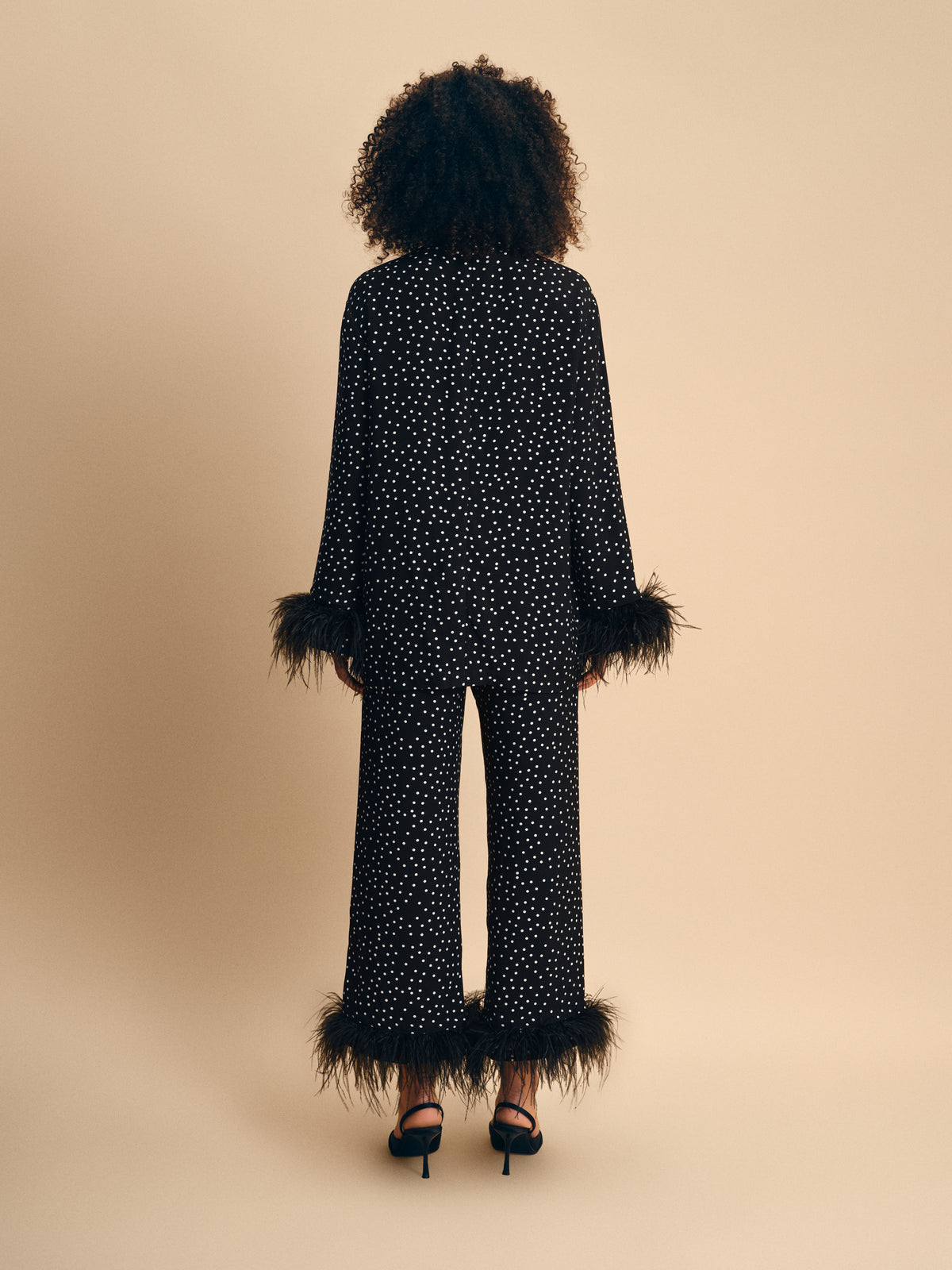 Black Tie Pajama with Detachable Feathers in Black and White Polka Dot