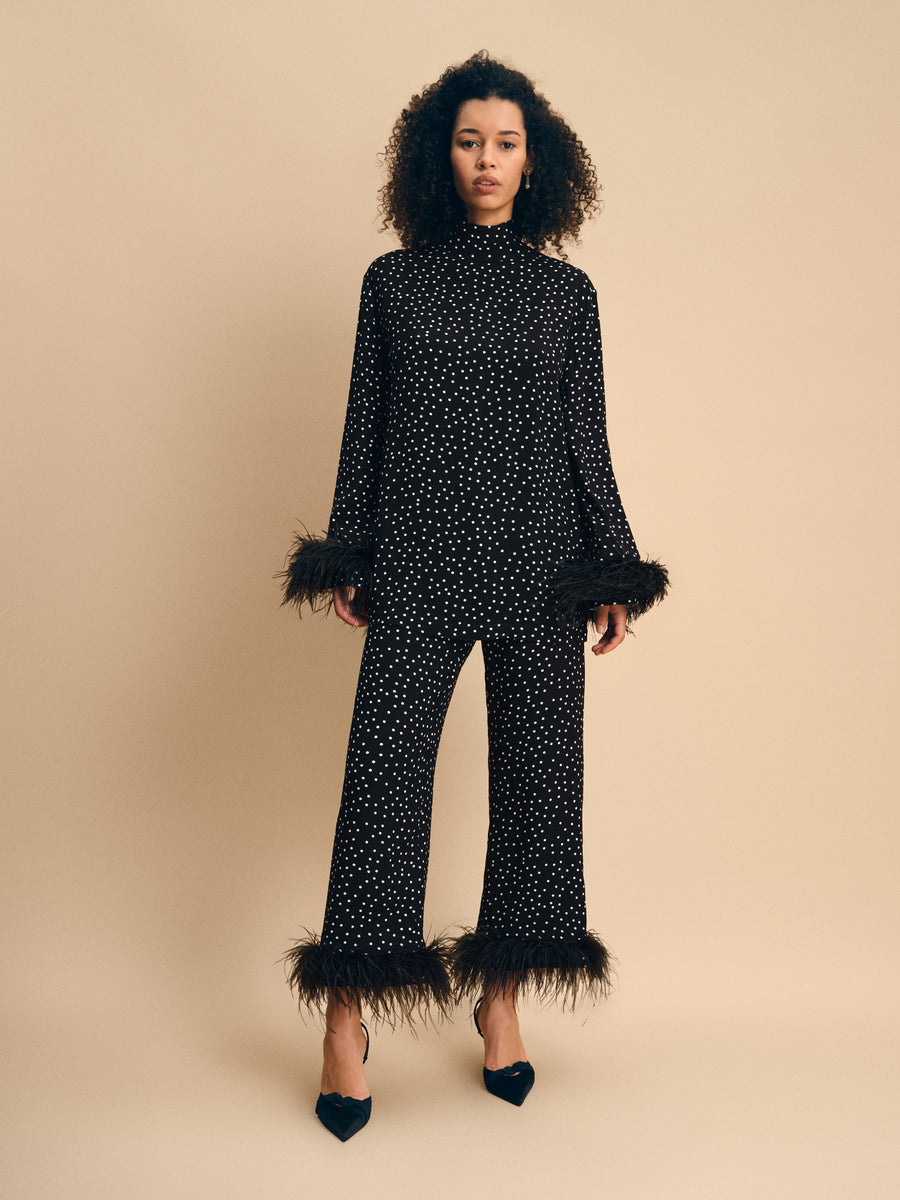 Black Tie Pajama with Detachable Feathers in Black and White Polka Dot