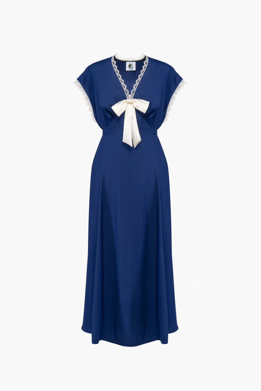 The Bow Satin Midi Dress in Navy