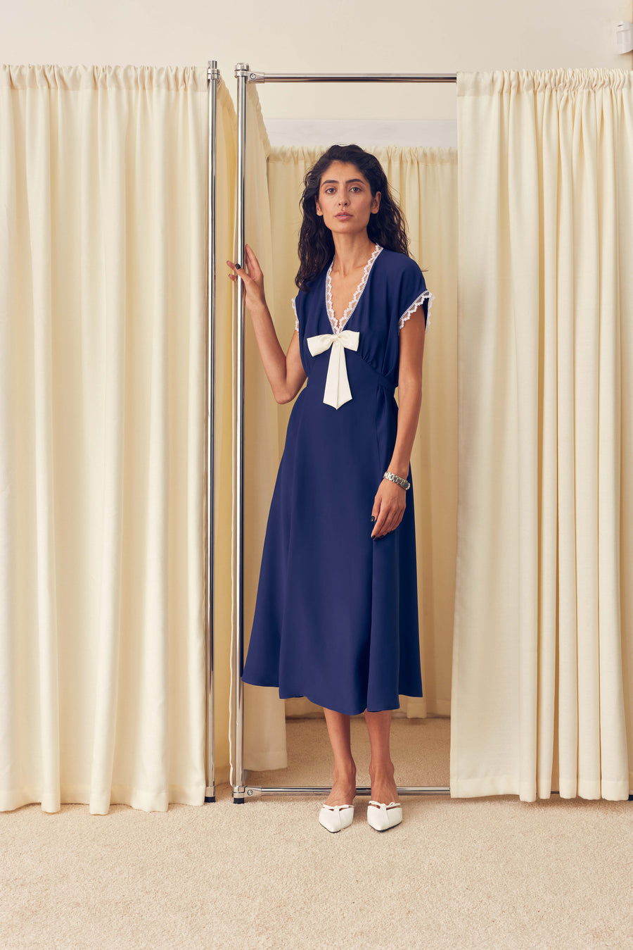 The Bow Satin Midi Dress in Navy