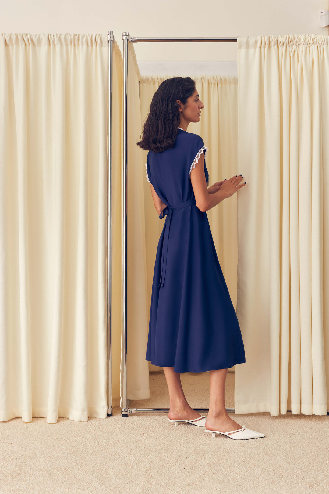 The Bow Satin Midi Dress in Navy