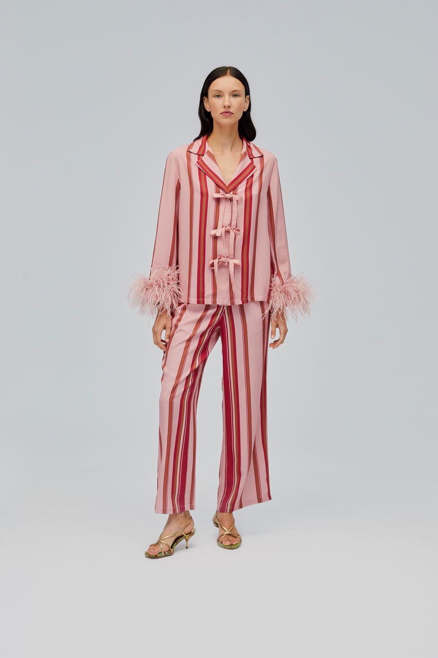 The Bow Pajama Set with Detachable Feathers in Stripes