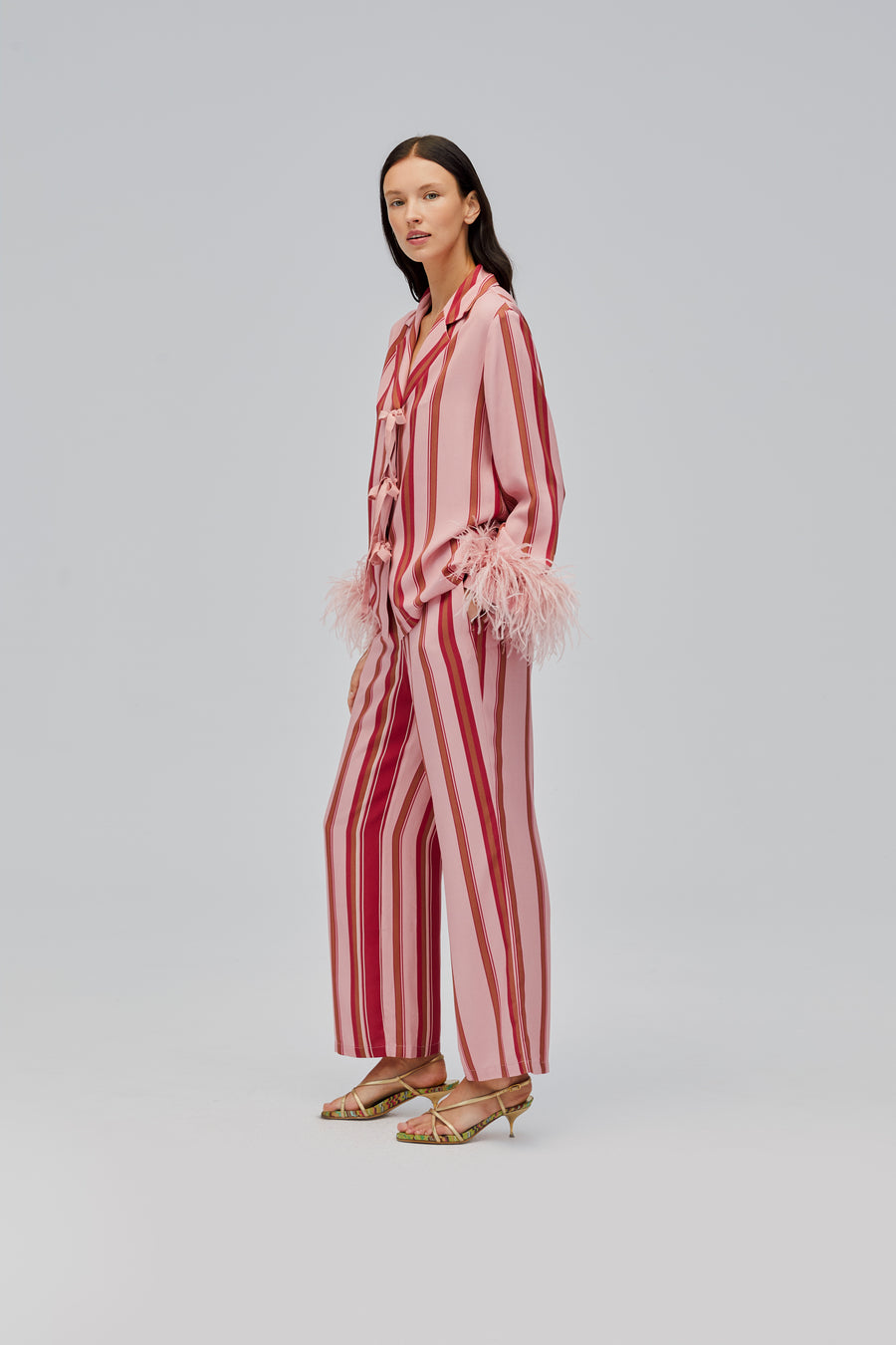 The Bow Pajama Set with Detachable Feathers in Stripes