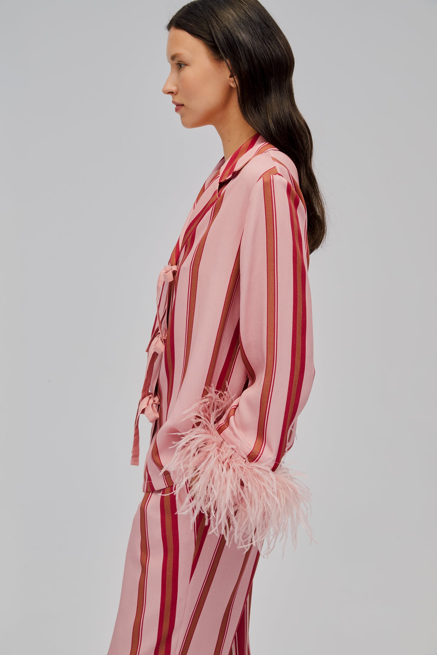 The Bow Pajama Set with Detachable Feathers in Stripes