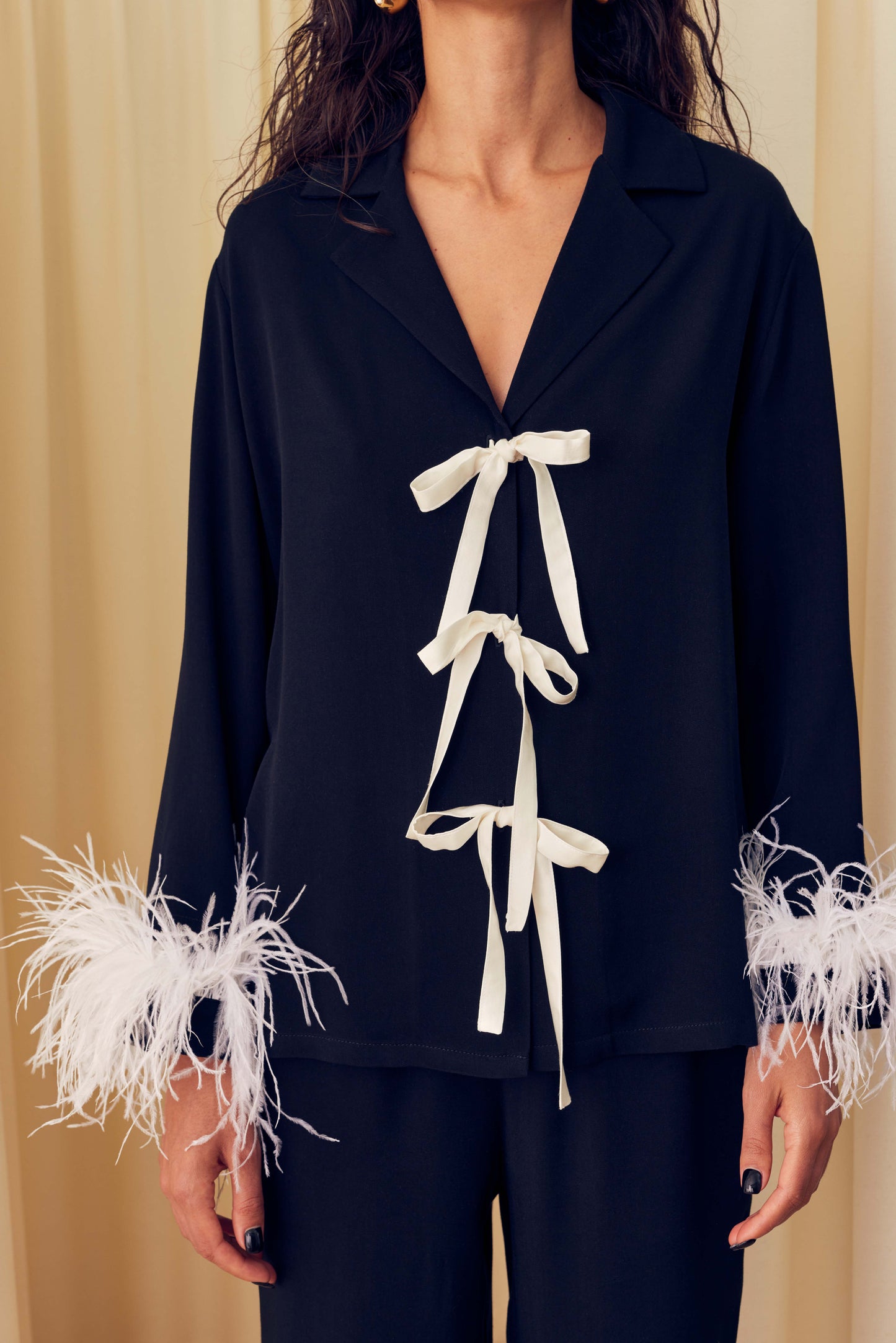 The Bow Pajama Set with Detachable Feathers in Monochrome