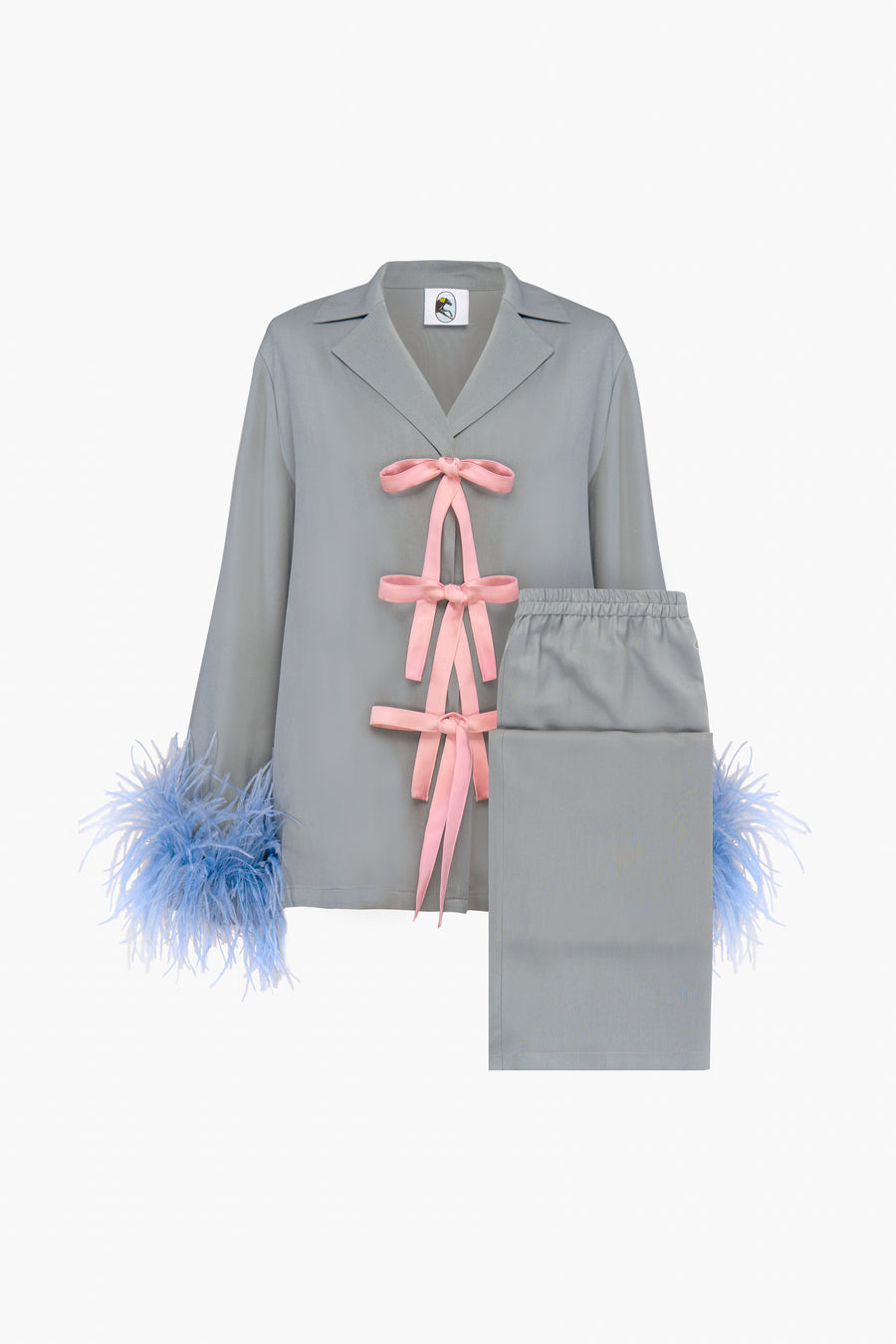 The Bow Pajama Set with Detachable Feathers in Grey