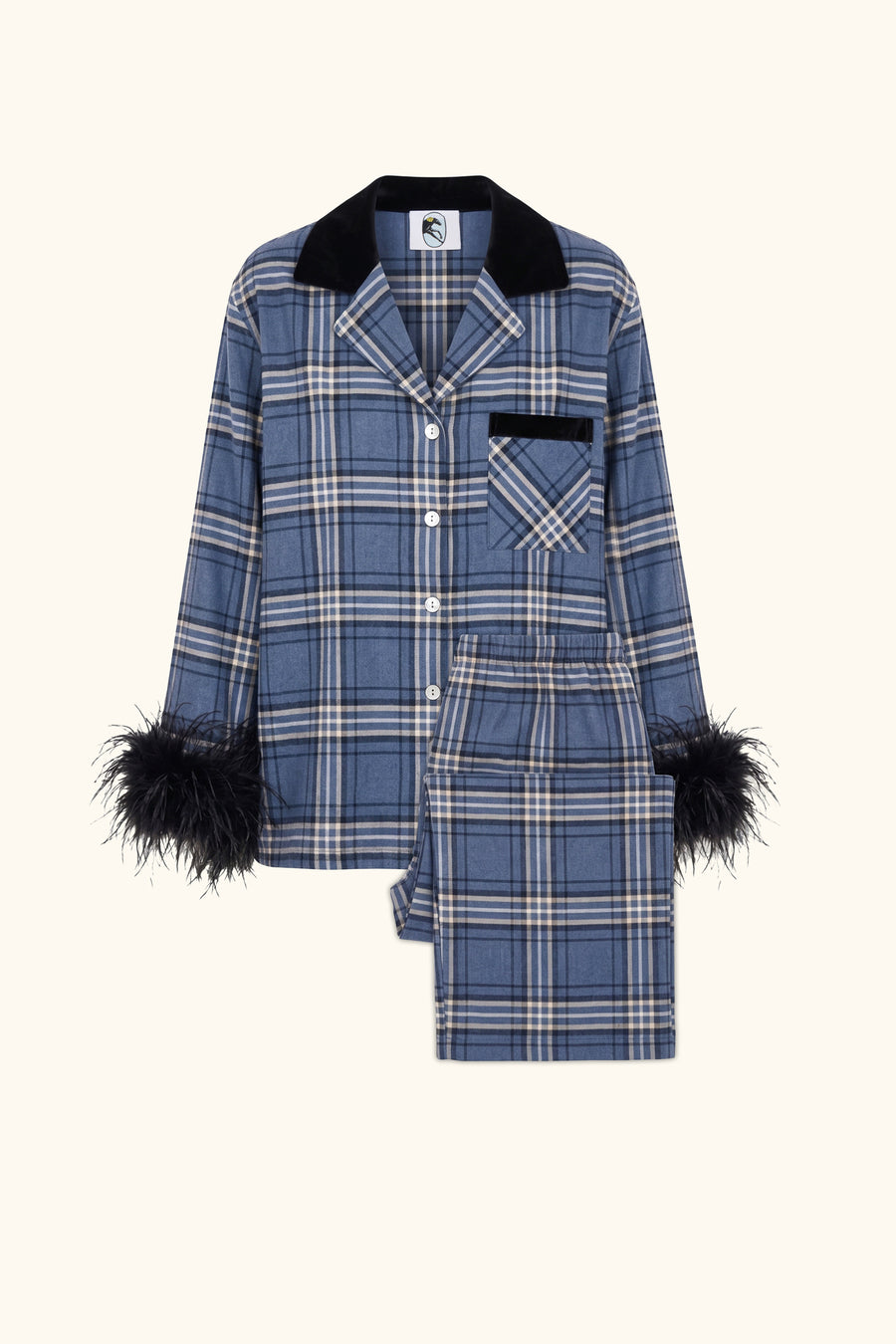 Checked Cotton-Flannel Set with Feathers in Navy Checkered