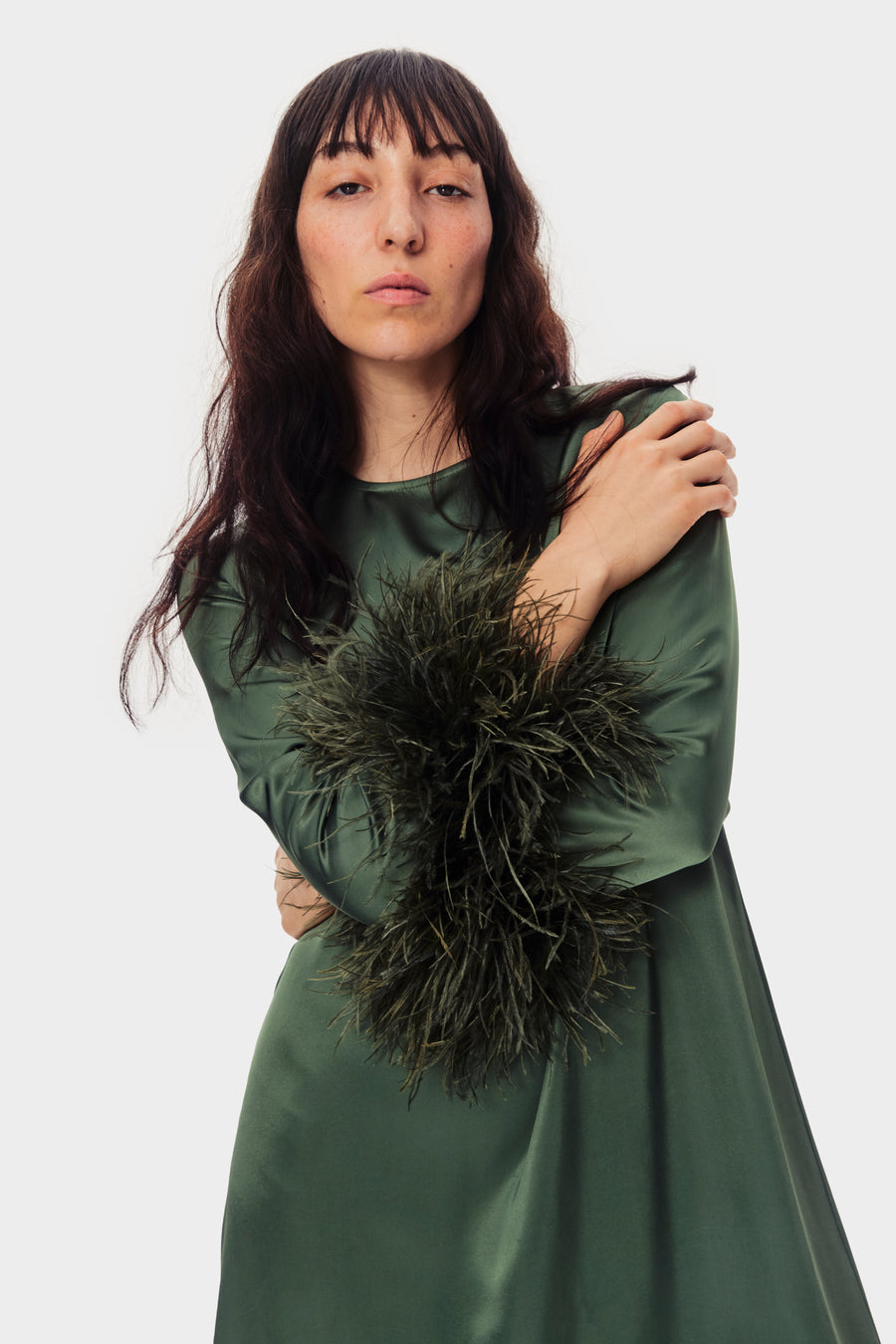 Suzi Maxi Dress with Detachable Feathers in Green