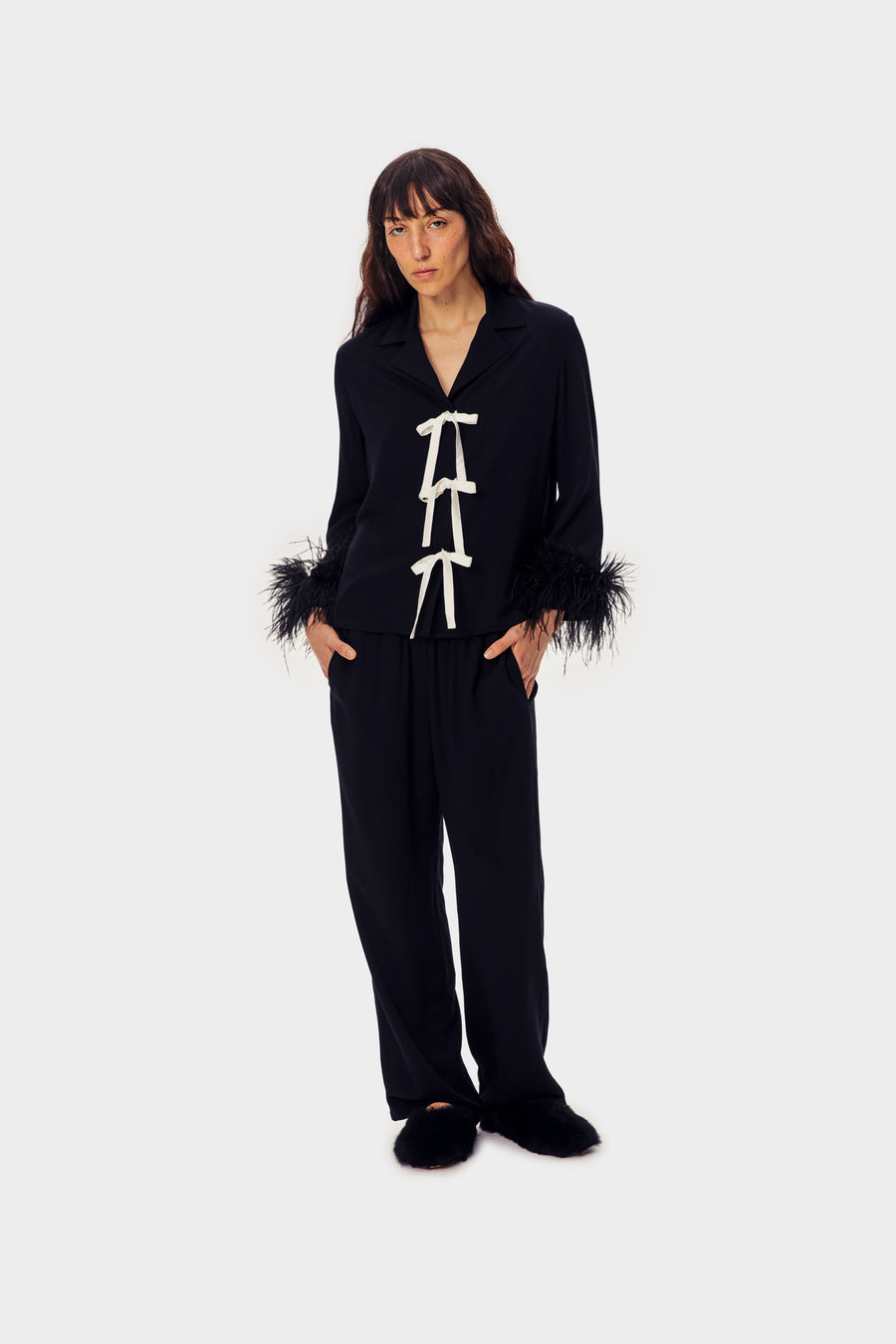 The Bow Pajama Set with Detachable Feathers in Black