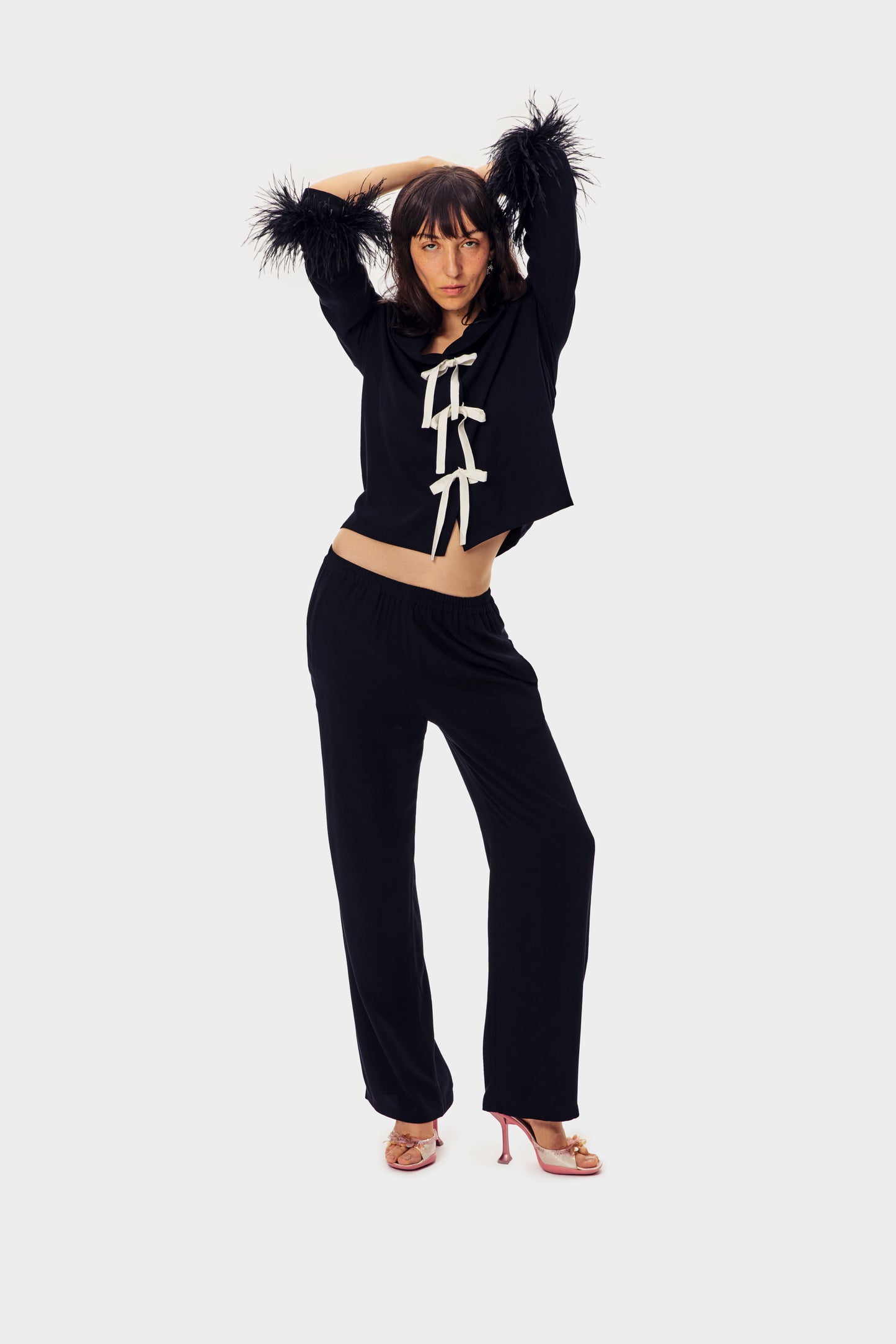 The Bow Pajama Set with Detachable Feathers in Black