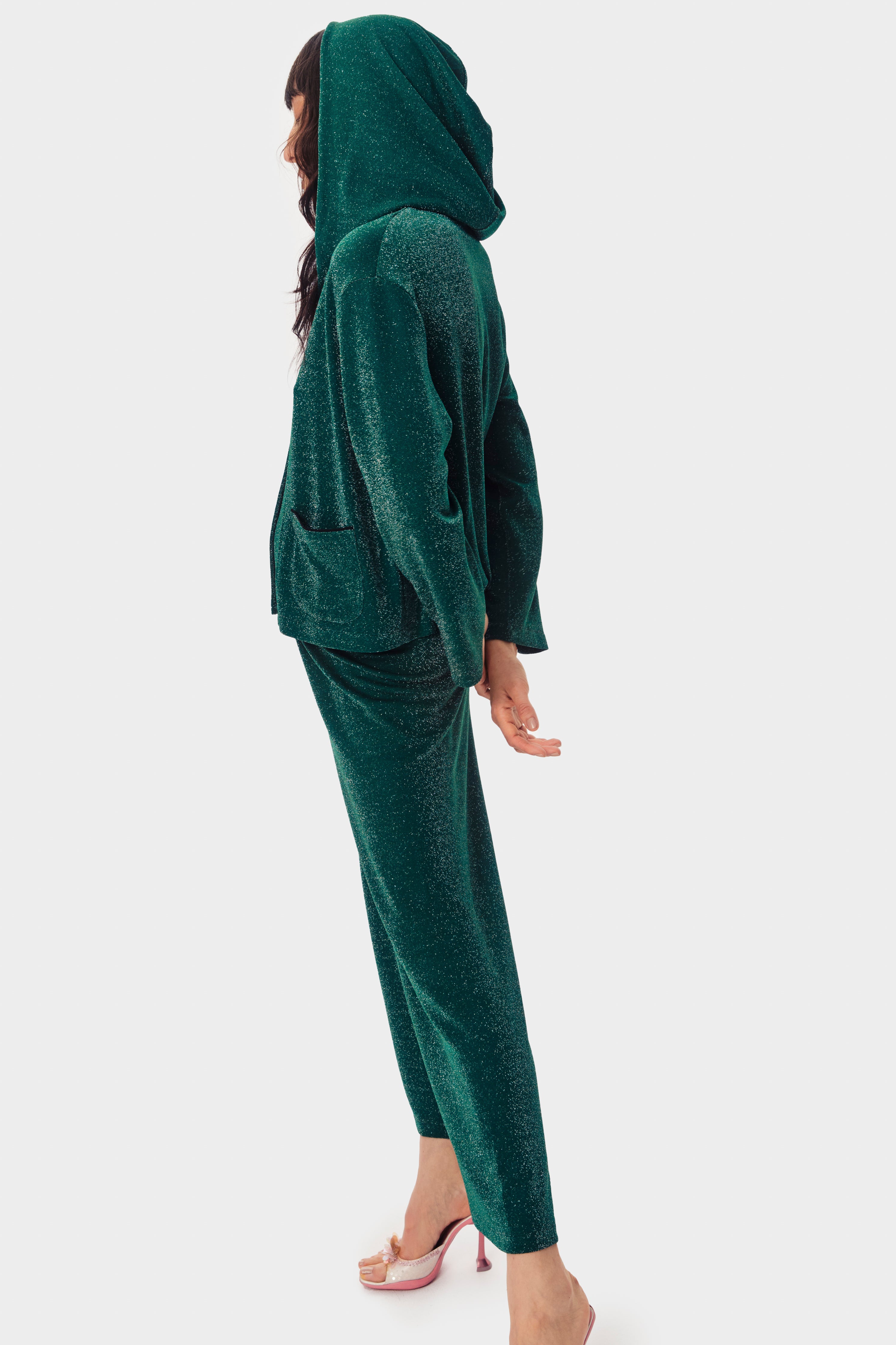 Kylie Lurex Hooded Set in Green Sleeper