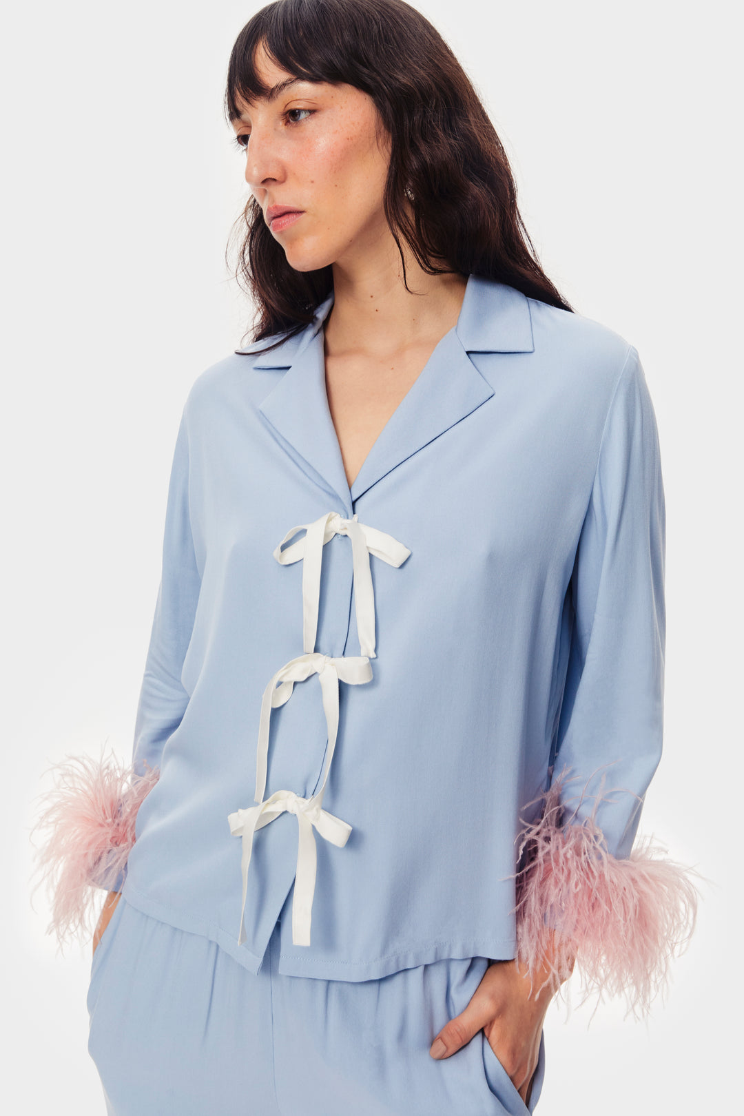 The Bow Pajama Set with Detachable Feathers in Blue