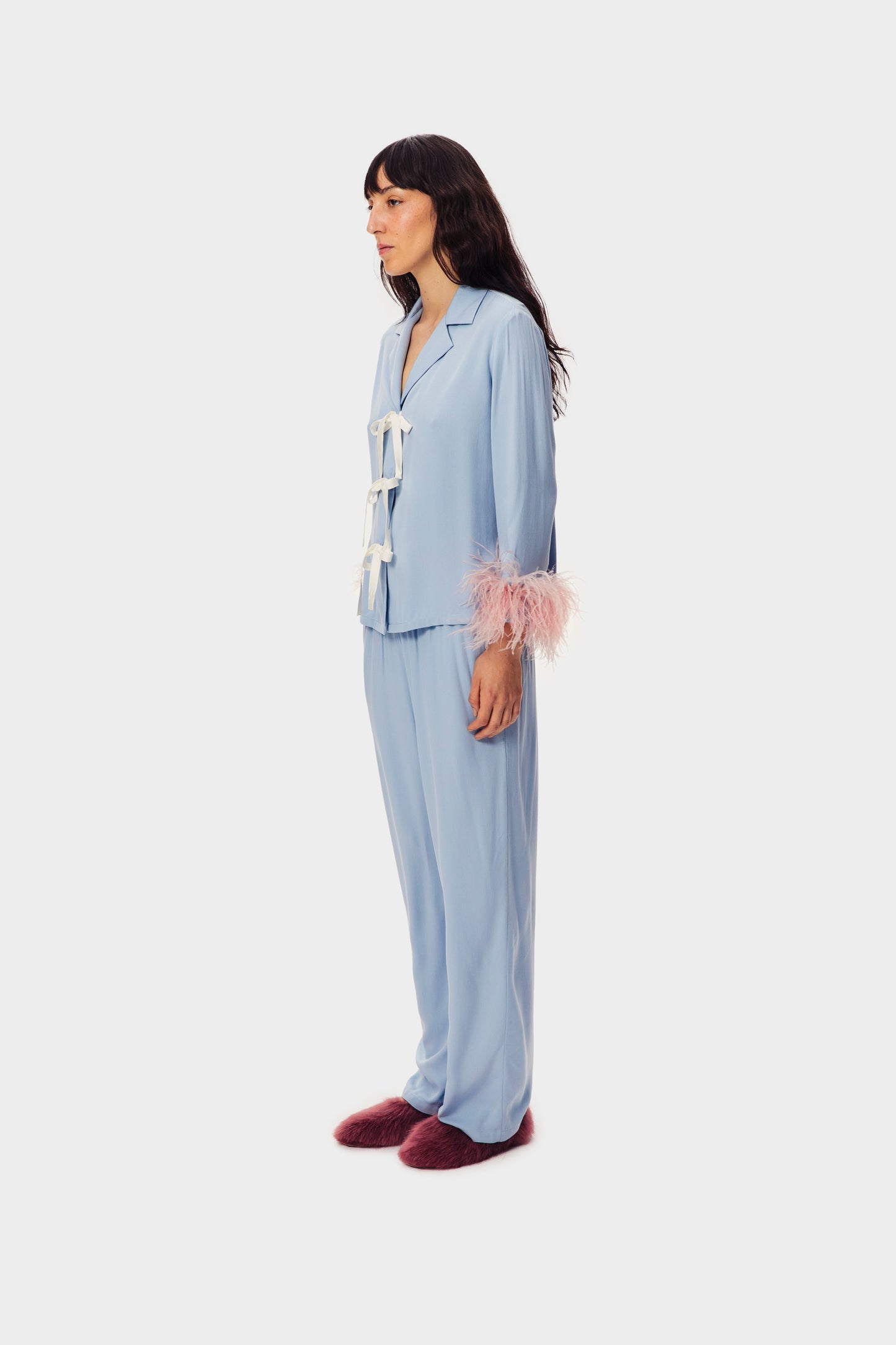 The Bow Pajama Set with Detachable Feathers in Blue