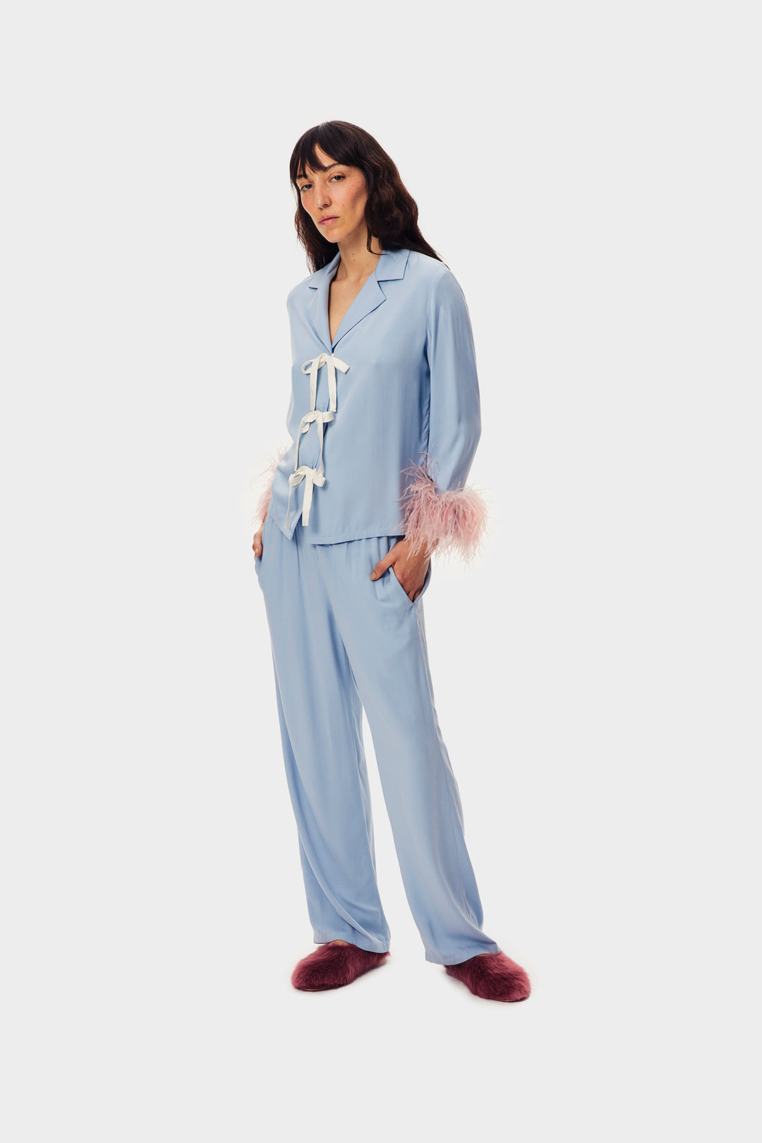 The Bow Pajama Set with Detachable Feathers in Blue