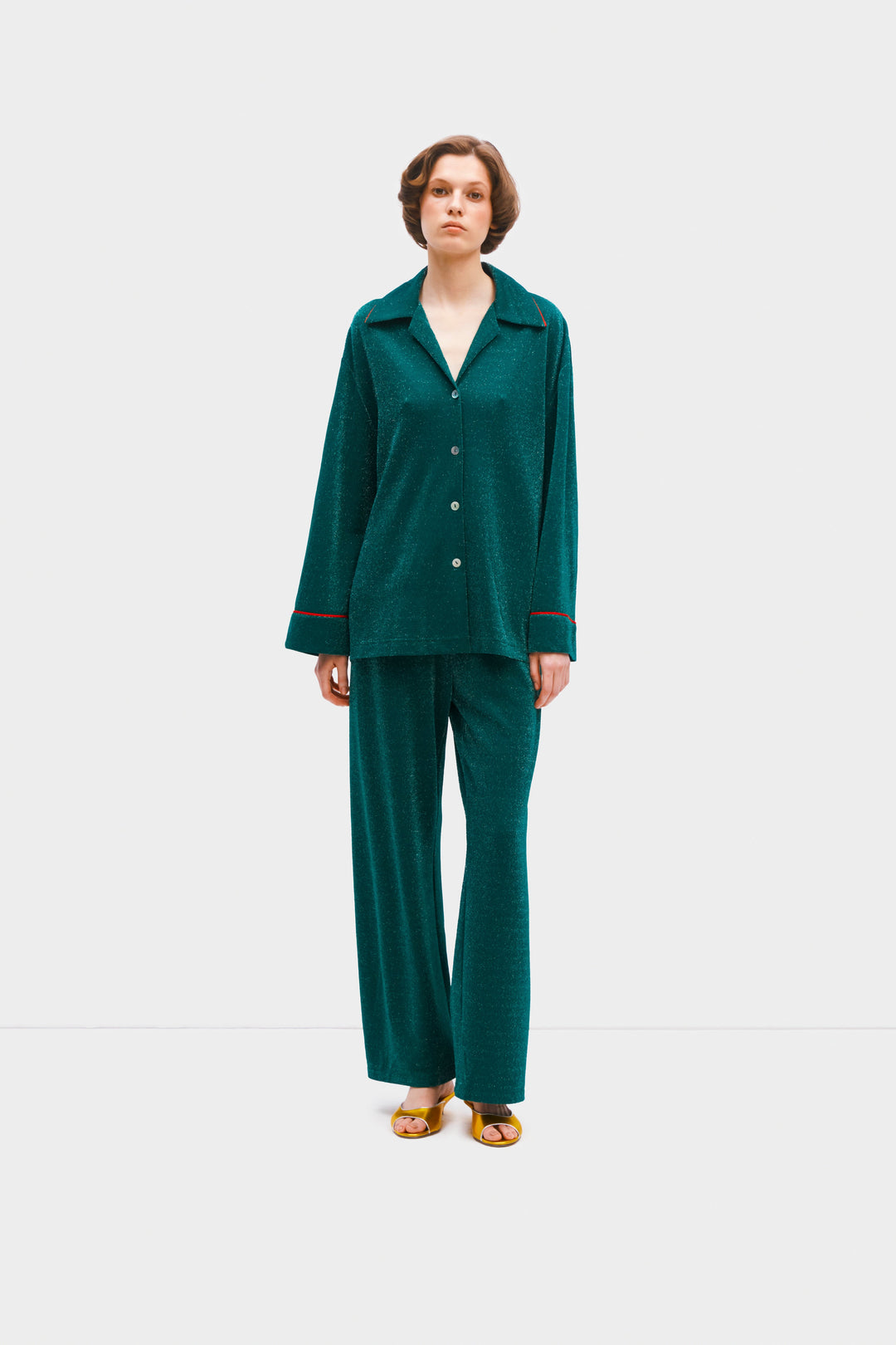 Saturn Lurex Pajama Set in Jade