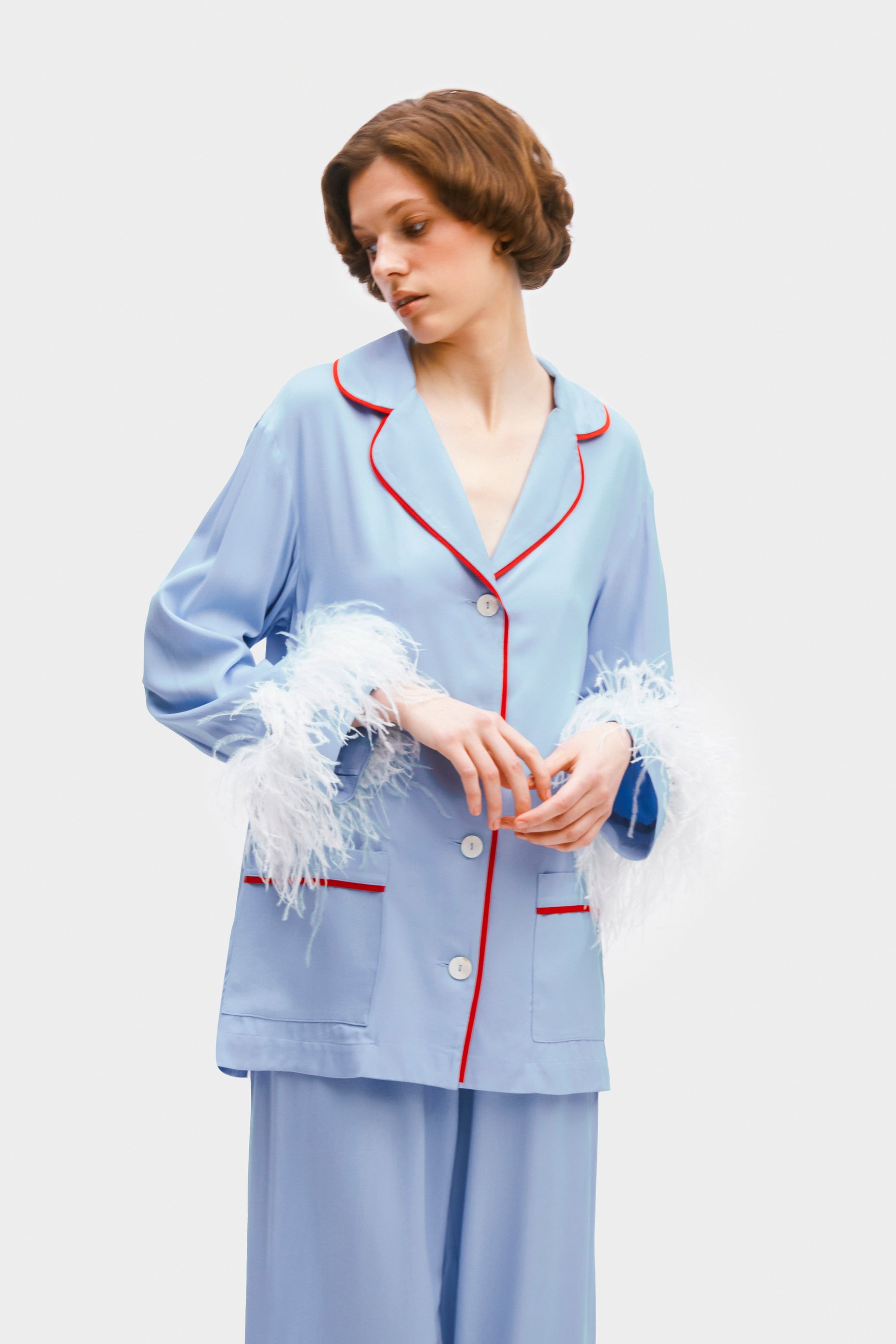 Party Pajama Set with Detachable Feathers in Celeste