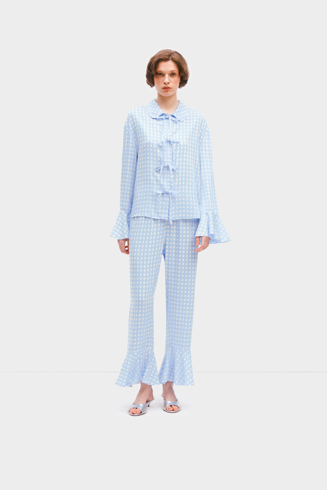 Nebula Pajama Set with Bow Details In Blue Vichy