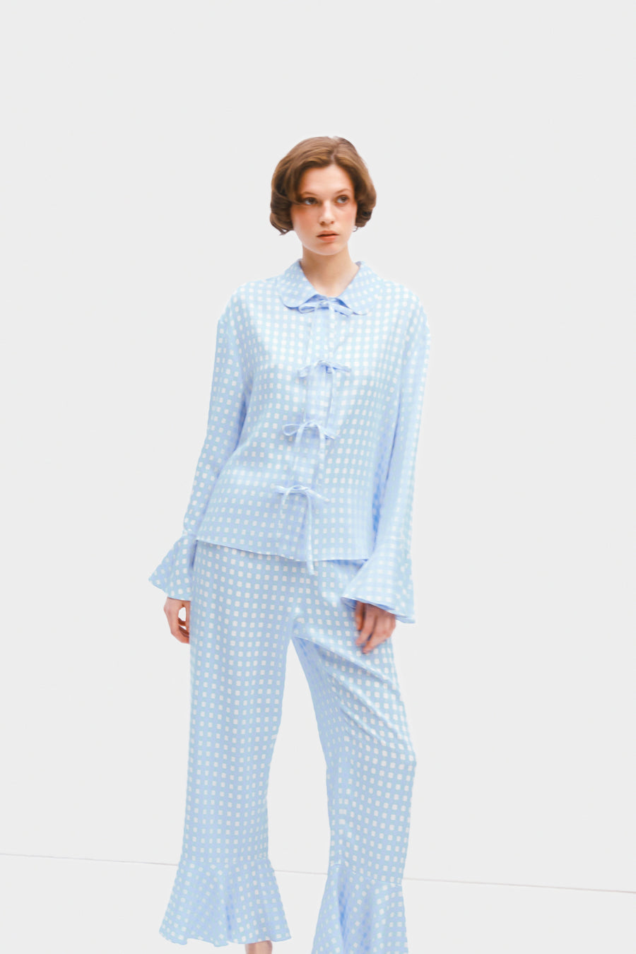 Nebula Pajama Set with Bow Details In Blue Vichy