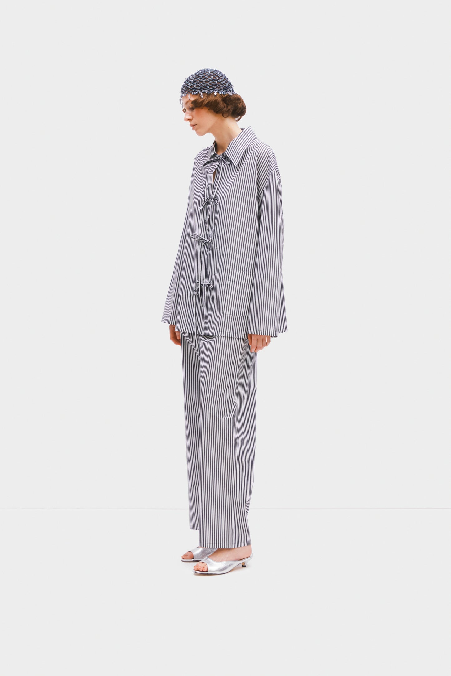 Lyra Cotton-Poplin Pajama Set in Black Stripes