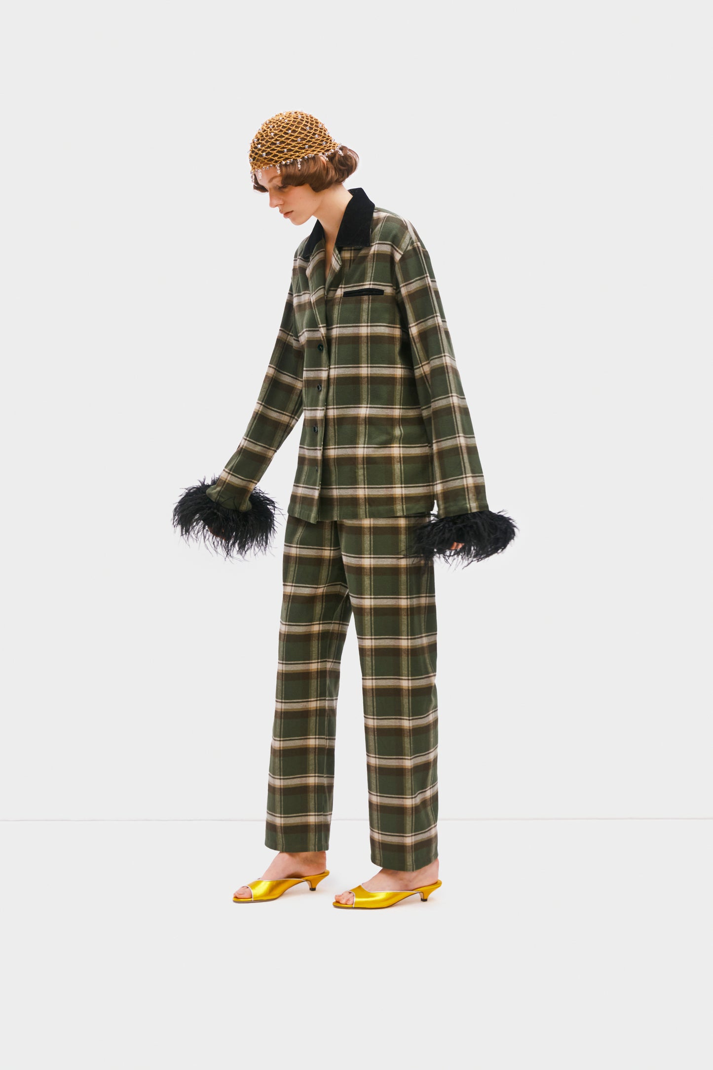 Checked Cotton-Flannel Set with Detachable Feathers in Jade