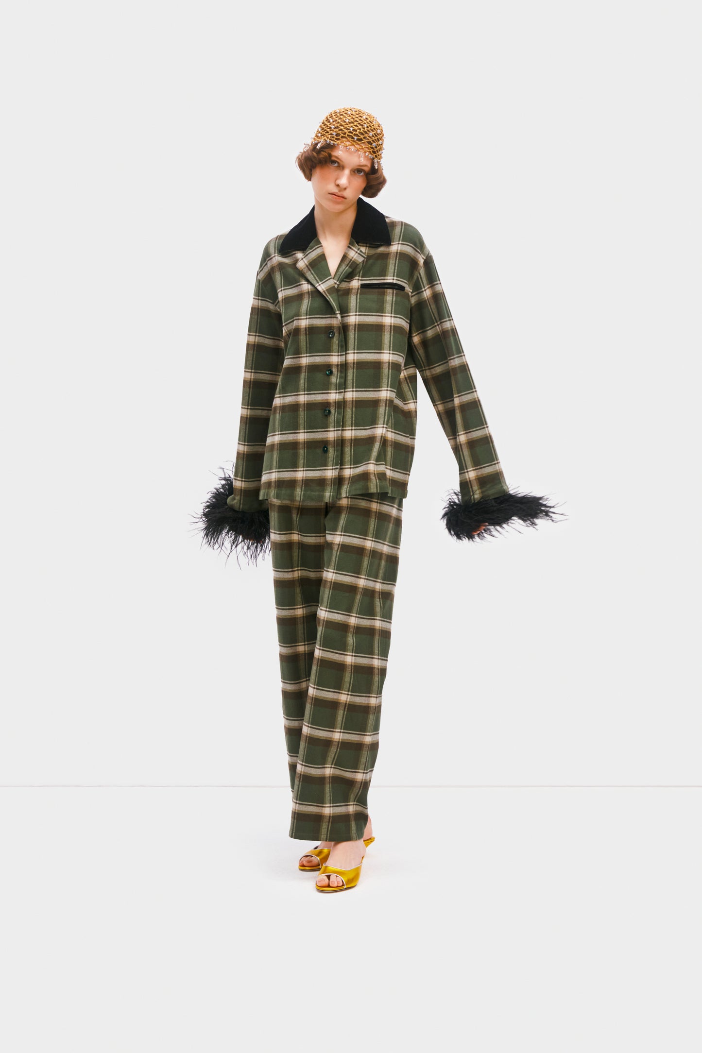 Checked Cotton-Flannel Set with Detachable Feathers in Jade