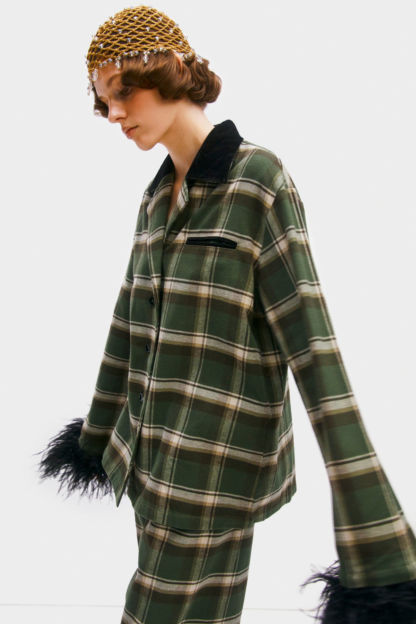 Checked Cotton-Flannel Set with Detachable Feathers in Jade