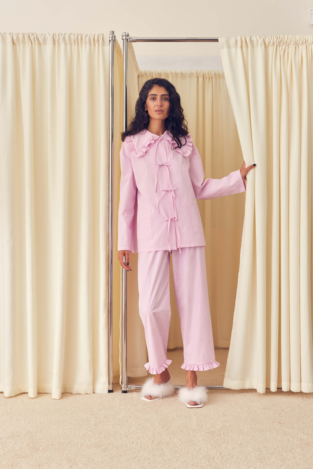 Lybid Cotton Pajama Set with Ruffled Collar in Pink Stripes