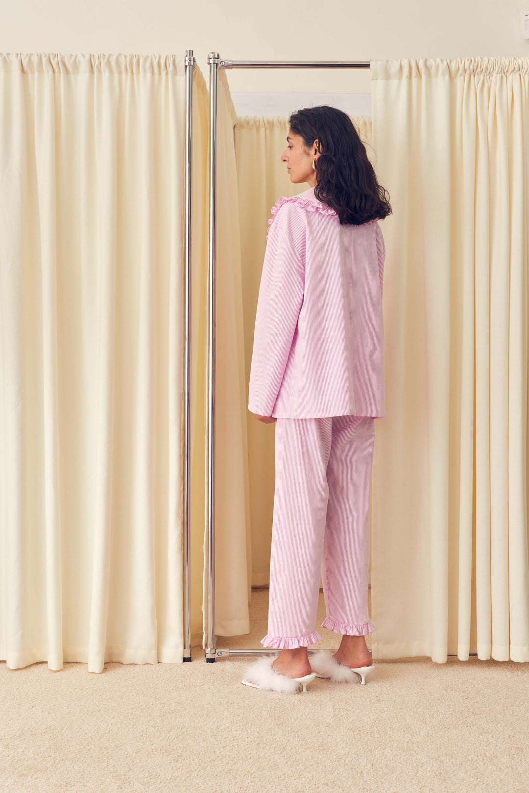 Lybid Cotton Pajama Set with Ruffled Collar in Pink Stripes