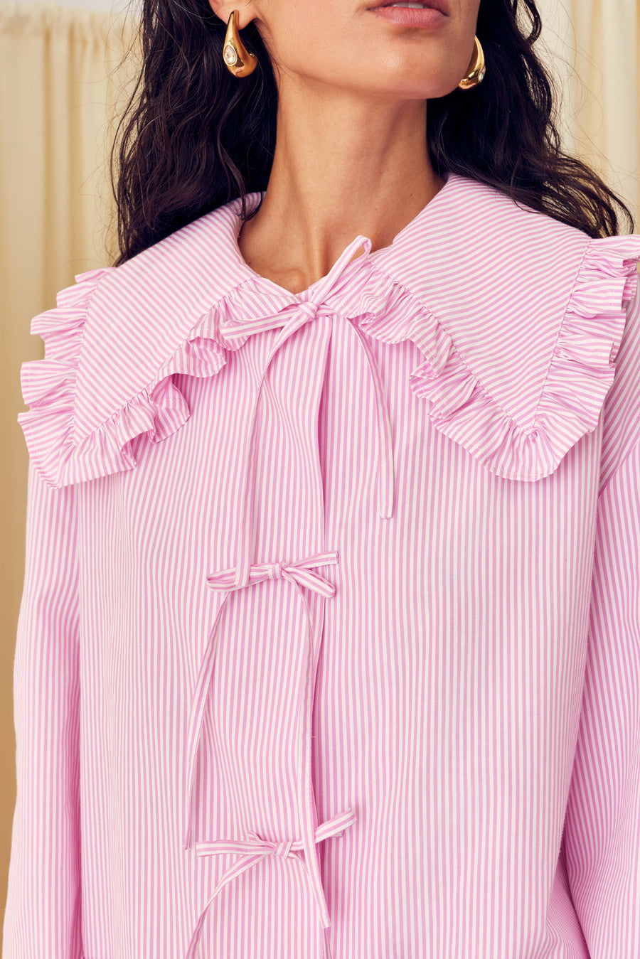 Lybid Cotton Pajama Set with Ruffled Collar in Pink Stripes