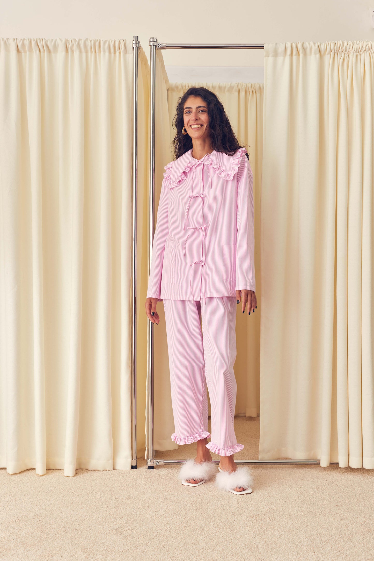 Lybid Cotton Pajama Set with Ruffled Collar in Pink Stripes