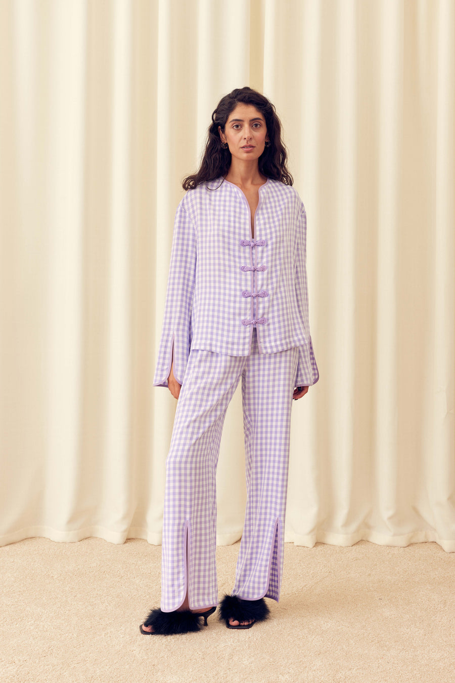 Louis Pajama Set with Pants in Lavender Vichy