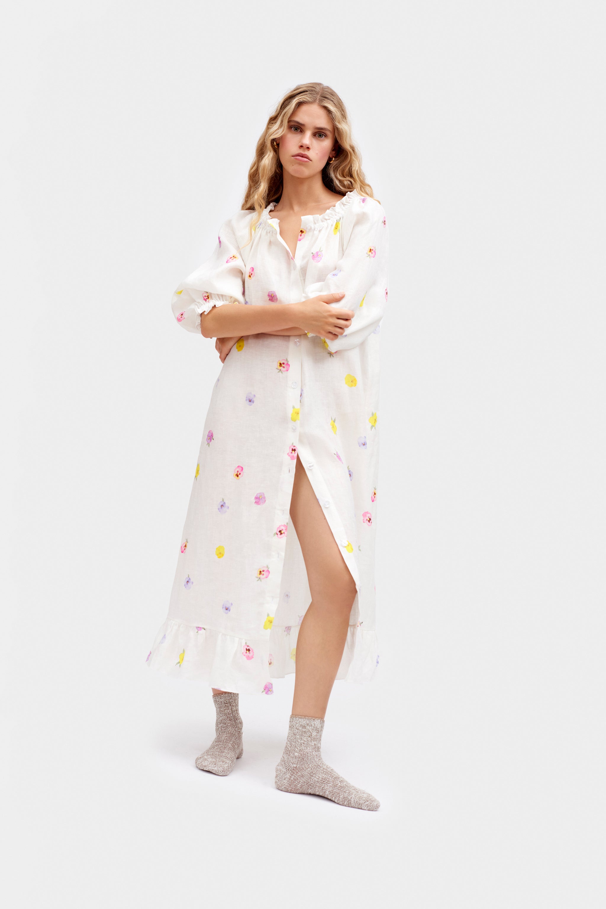 Loungewear Linen Midi Dress in Pansies