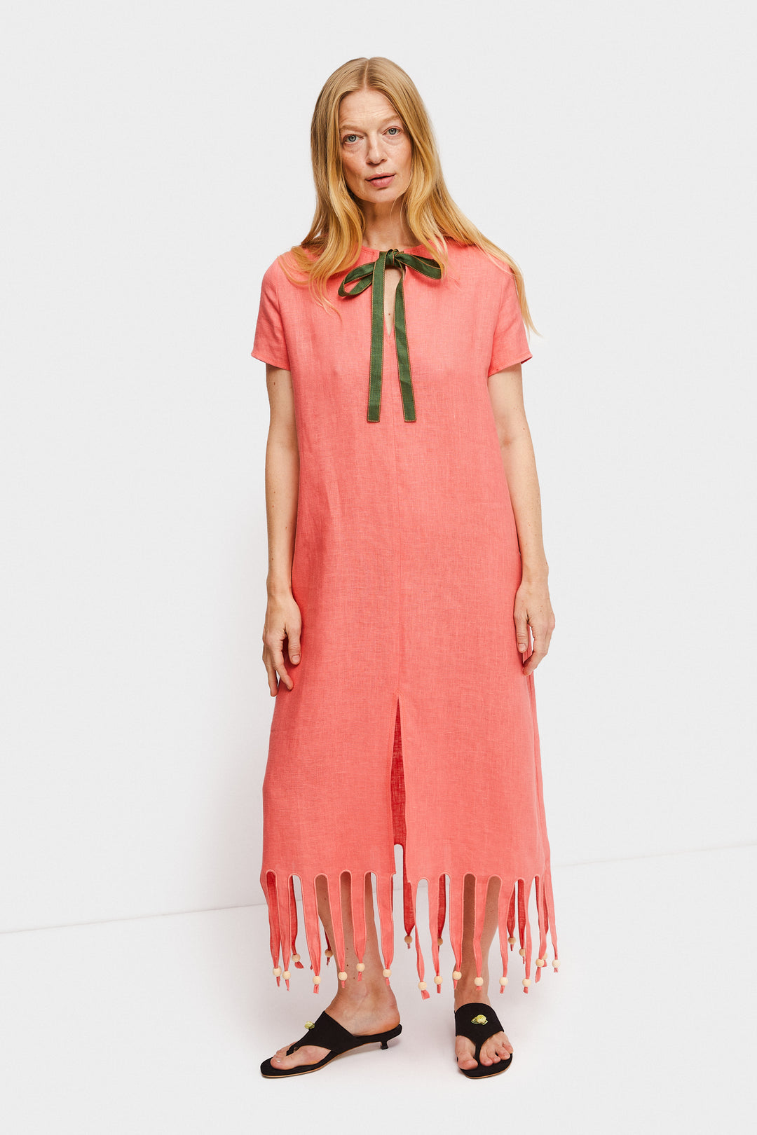 Lambada Fringed Linen Maxi Dress in Strawberry