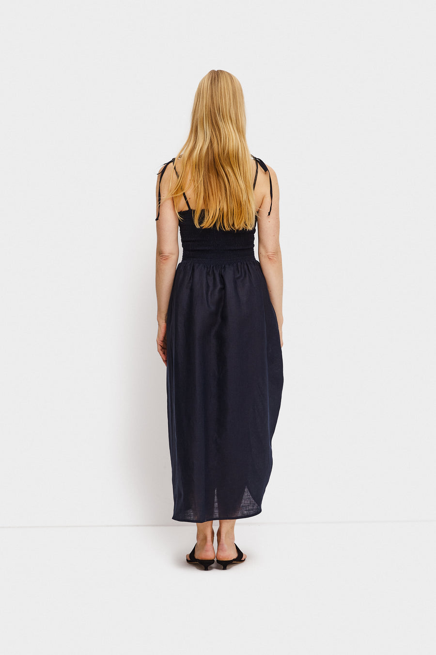 Atlanta Linen Strap Dress with Rose Detail in Navy