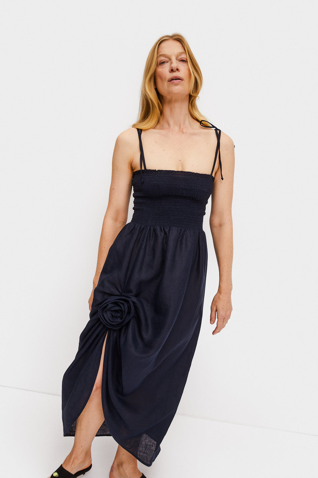 Atlanta Linen Strap Dress with Rose Detail in Navy