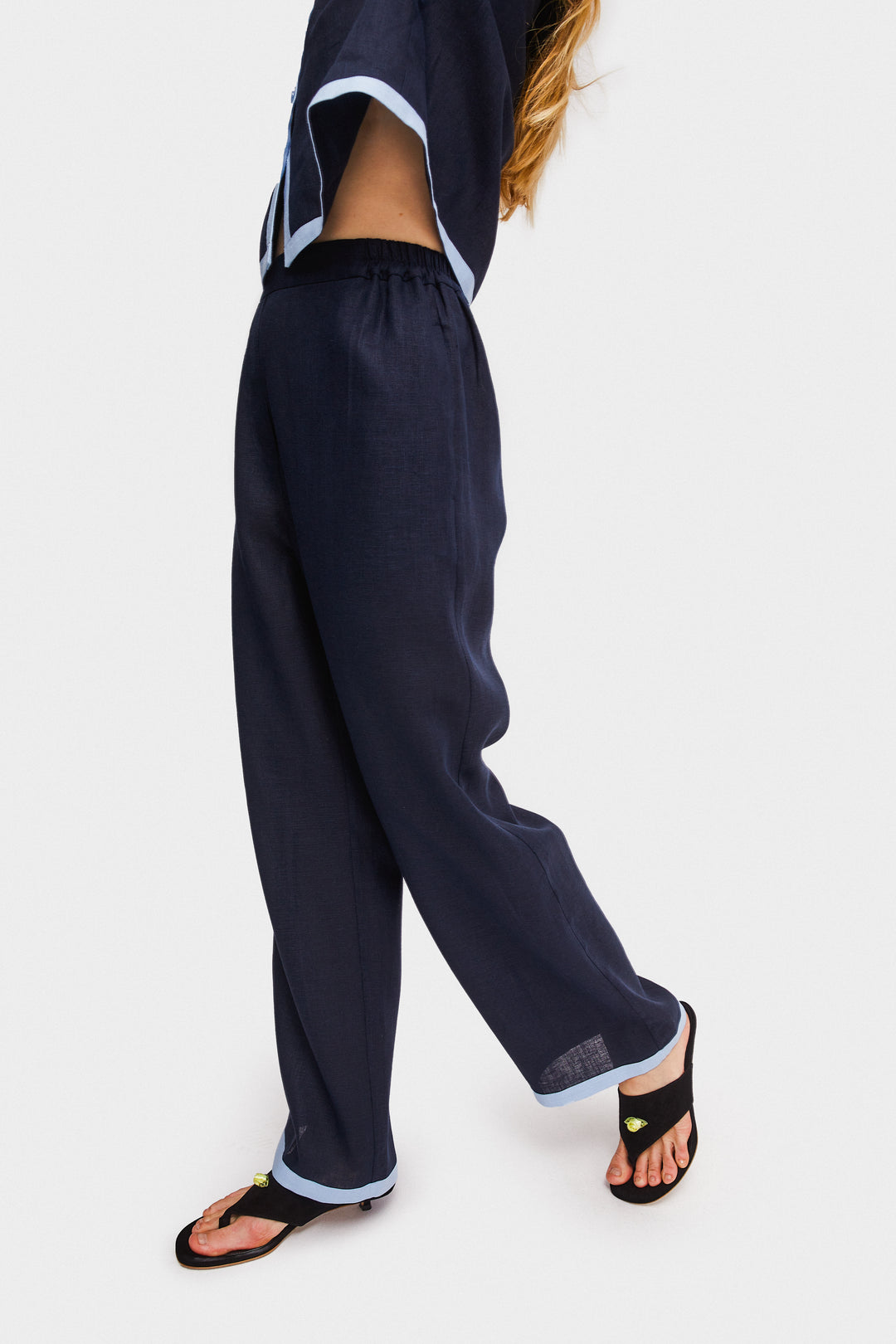 Garrick Embroidered Linen Pants in Navy