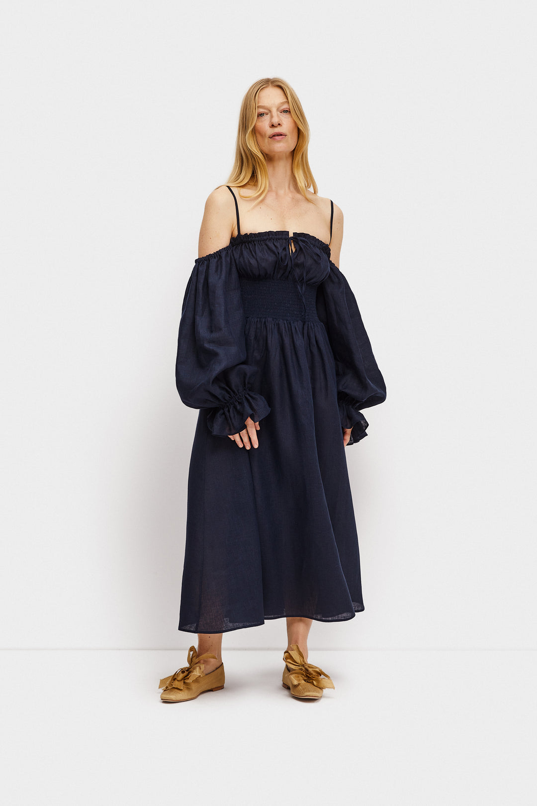 Cancan Linen Maxi Dress in Navy