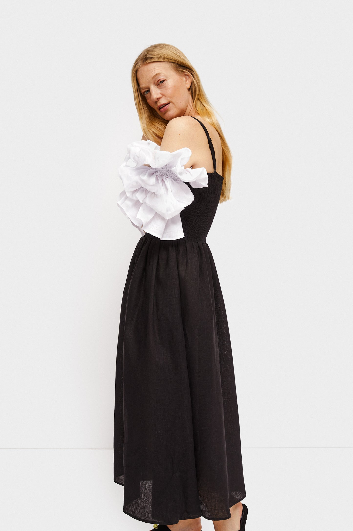 Arle Ruffled Linen Maxi Dress in Black