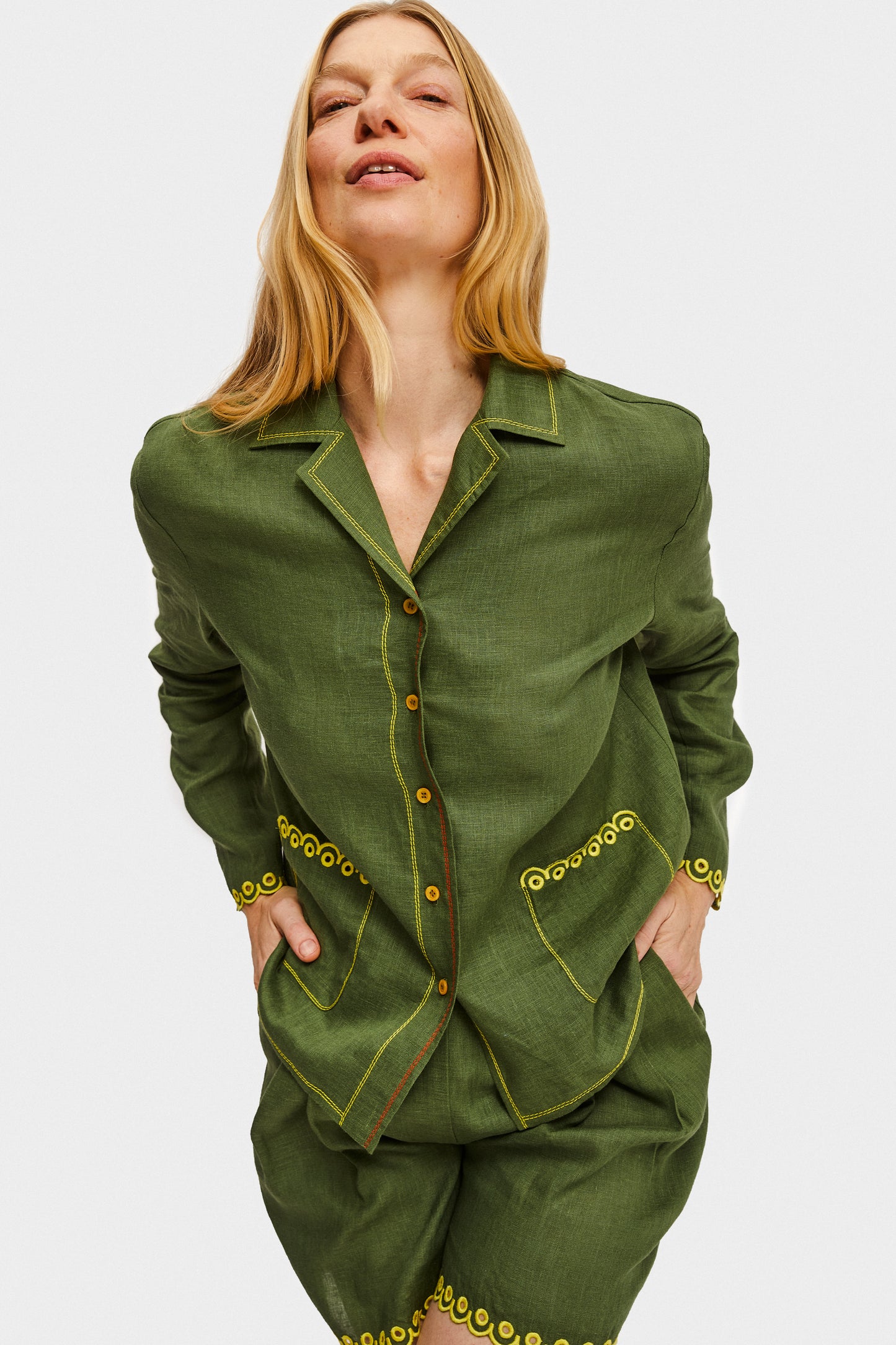 Petra Embroidered Linen Shirt in Green