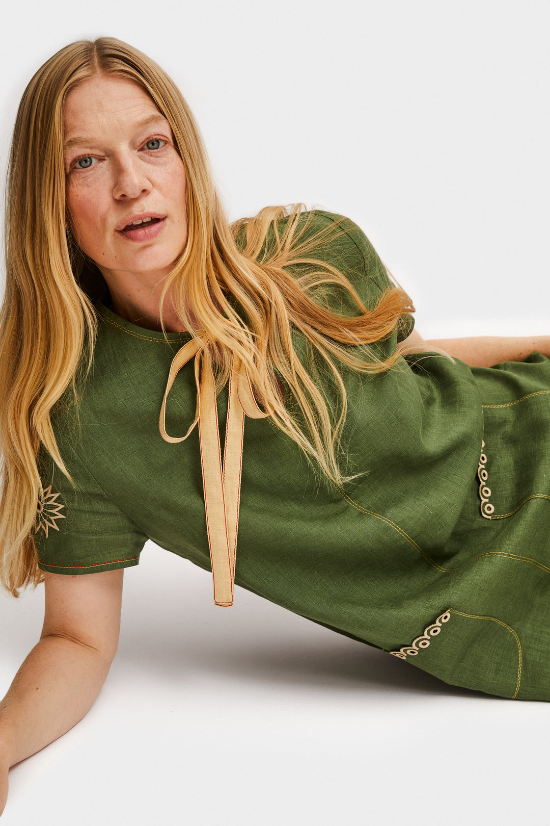 Petra Embroidered Linen Maxi Dress in Green