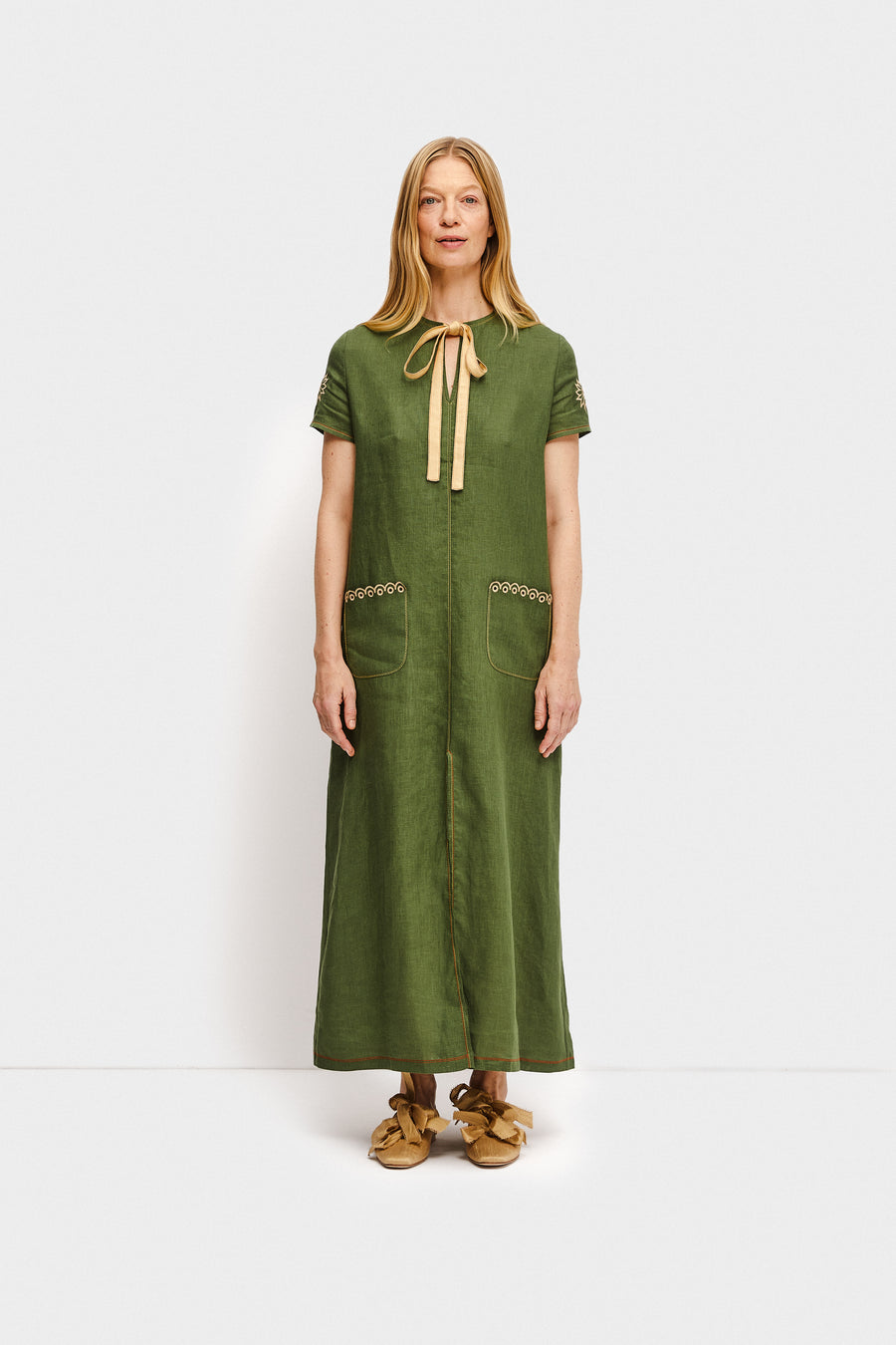 Petra Embroidered Linen Maxi Dress in Green