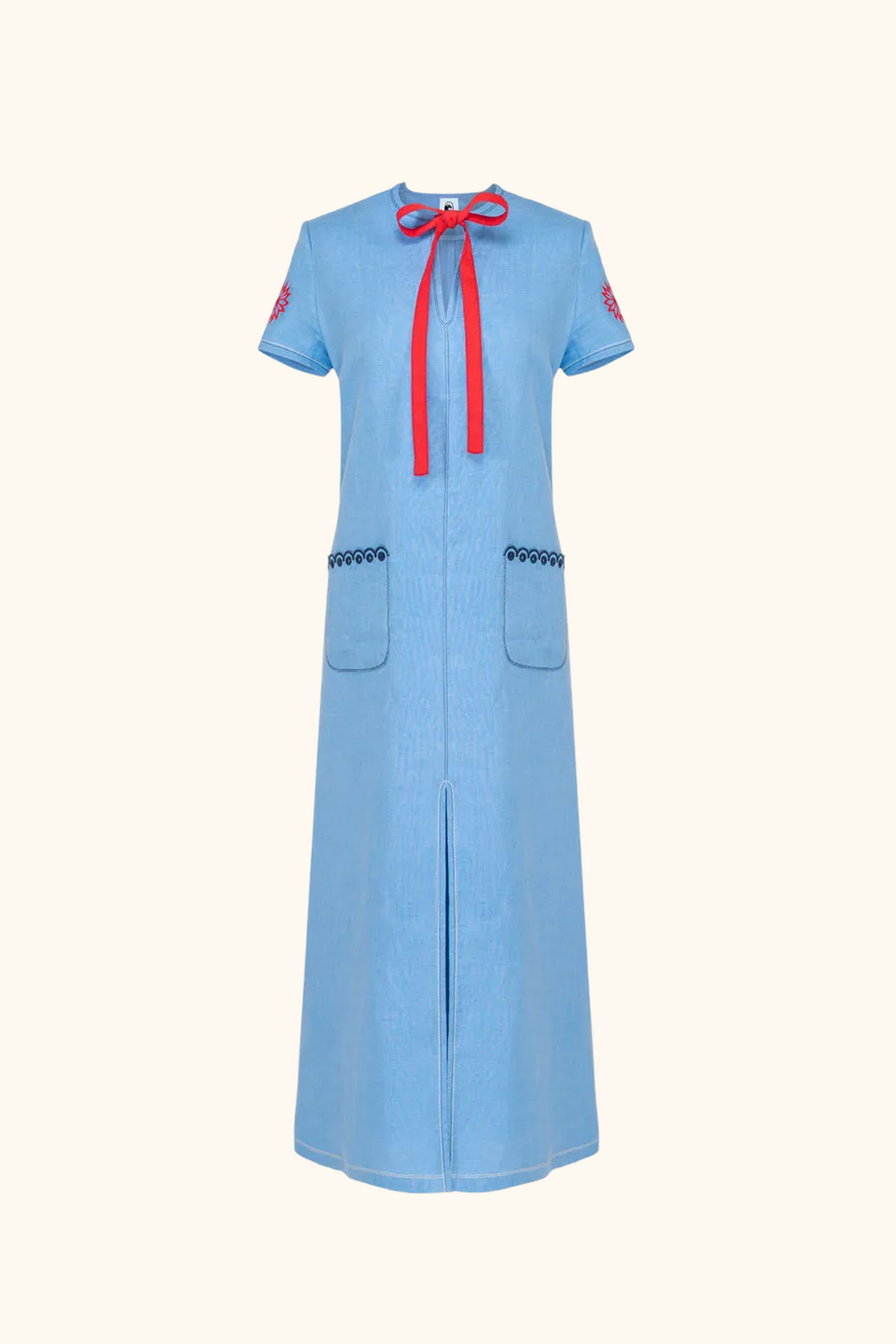 Petra Embroidered Linen Maxi Dress in Blue