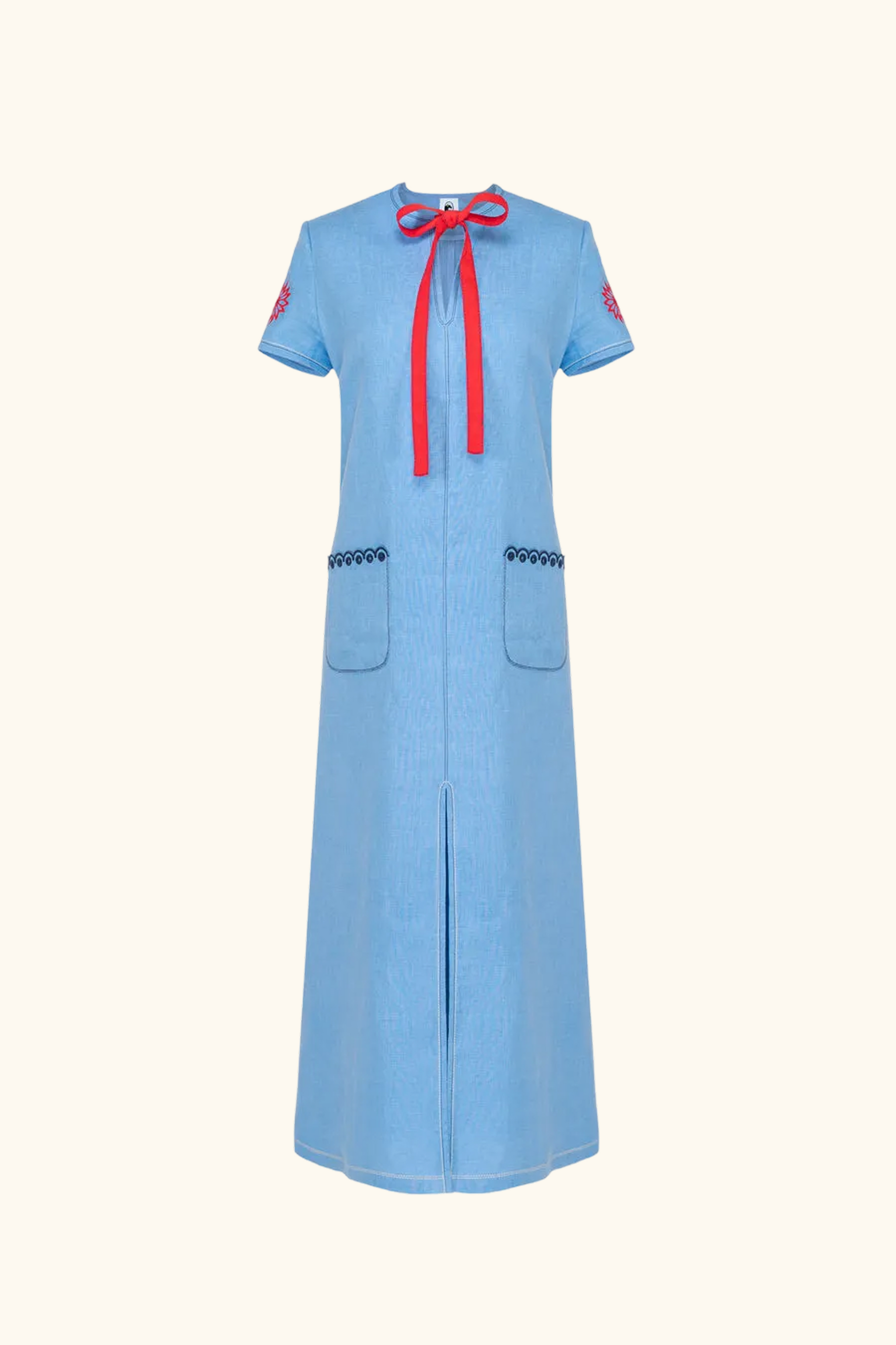 Petra Embroidered Linen Maxi Dress in Blue