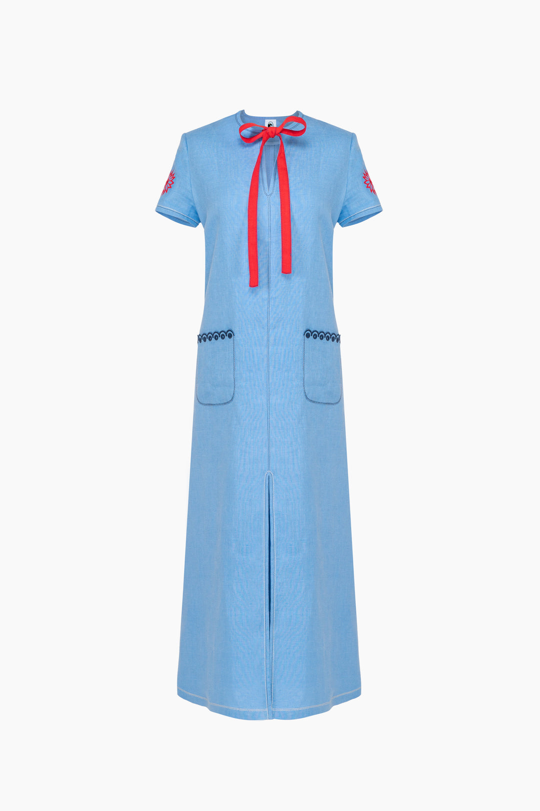 Petra Embroidered Linen Maxi Dress in Blue