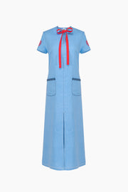 Petra Embroidered Linen Maxi Dress in Blue