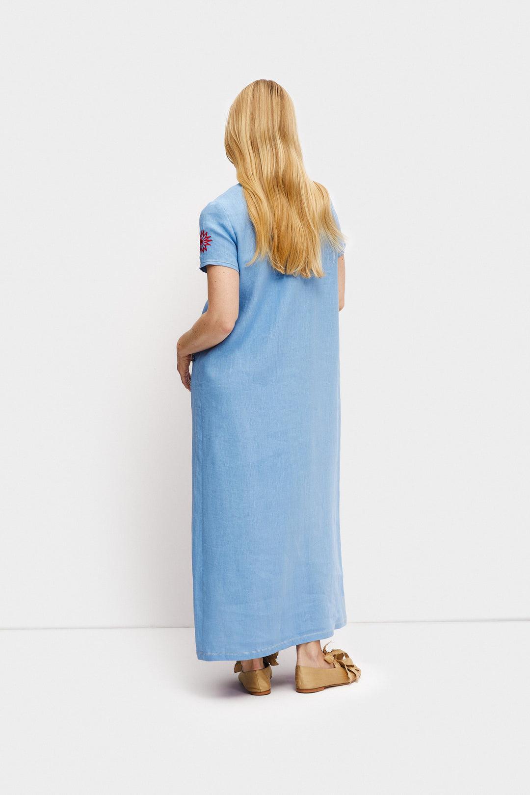 Petra Embroidered Linen Maxi Dress in Blue